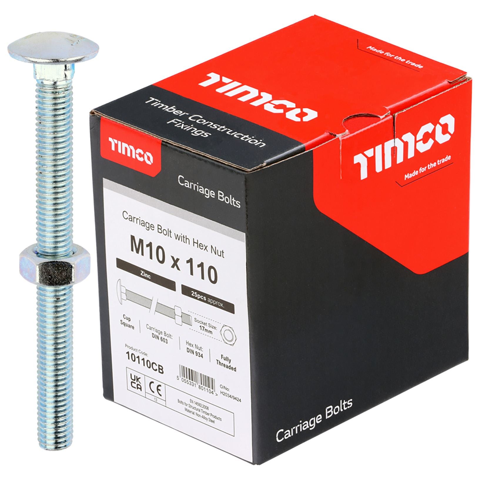 TIMCO Carriage Bolts with Hex Nuts 4.8 Grade Zinc Carbon Steel Boxed M6-M16 - Choose Size