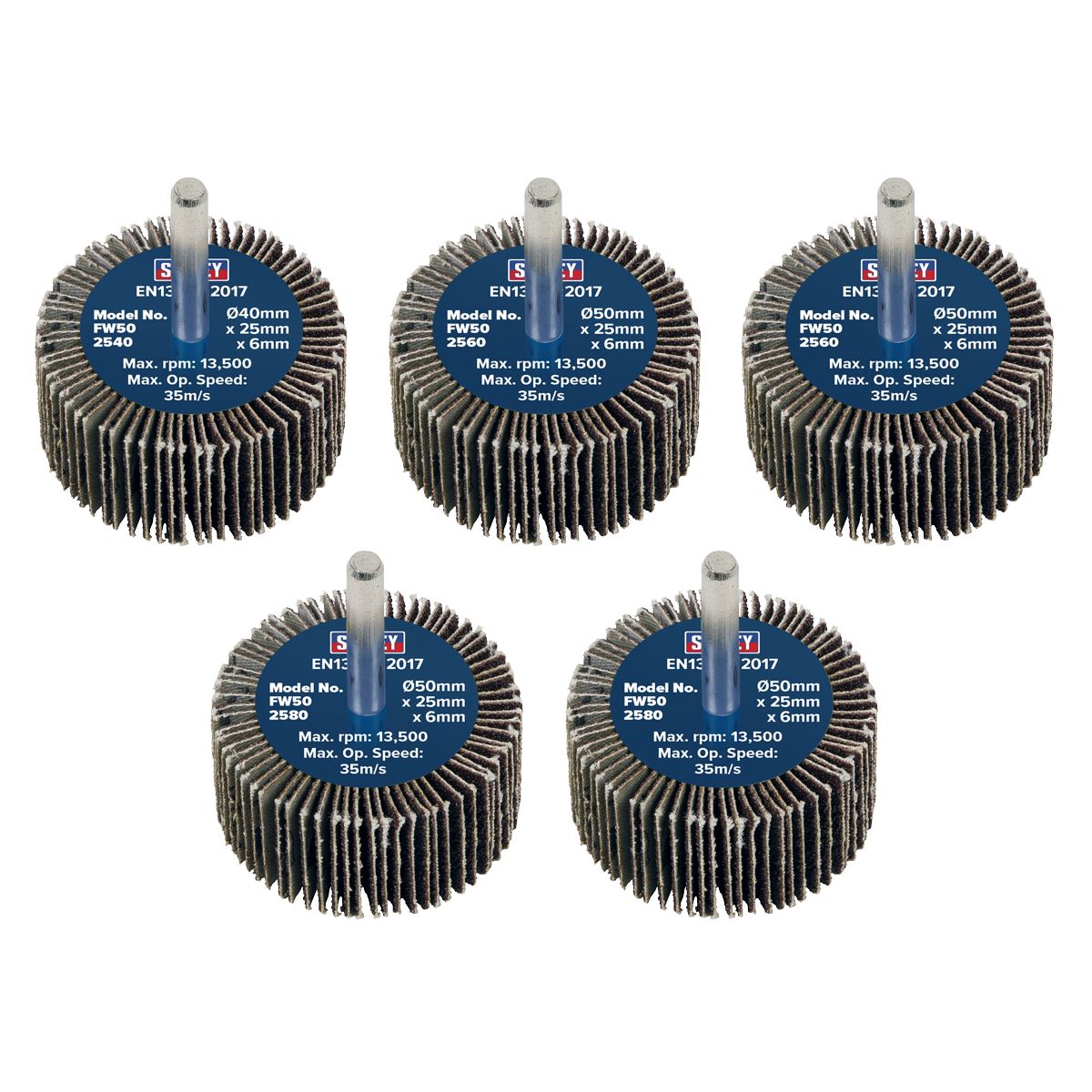 Sealey Abrasive Flap Wheel Ø50 x 25mm Ø6mm Shaft Assorted Grit - Pack of 5 