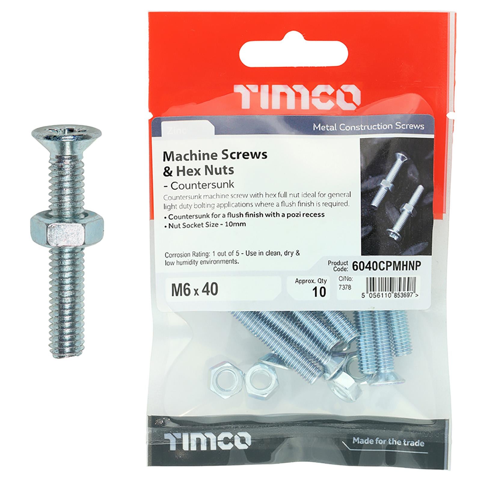 TIMCO Machine Screws Countersunk with Hex Nut Pozi Head Zinc - Choose Size