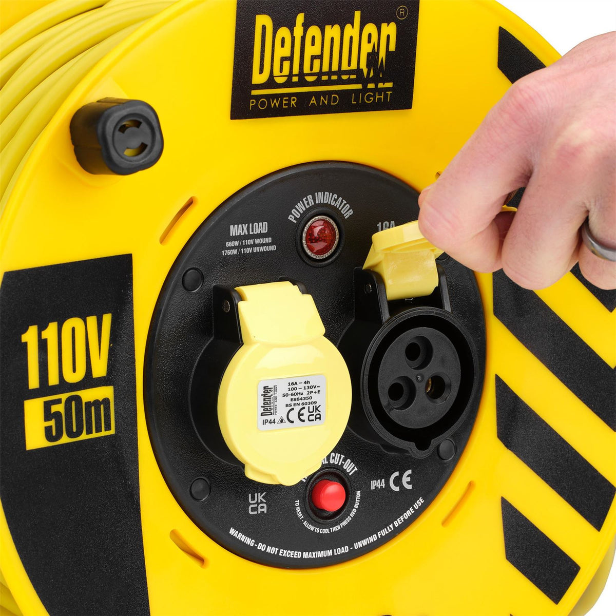 Defender E86500 110V 2-Way Industrial Cable Reel 1.5mm² 16A 50m 35113  White Rose Tools