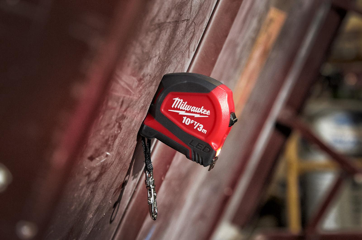 Milwaukee Pocket Tape Measure with LED Light  3m / 10ft  White Rose Tools