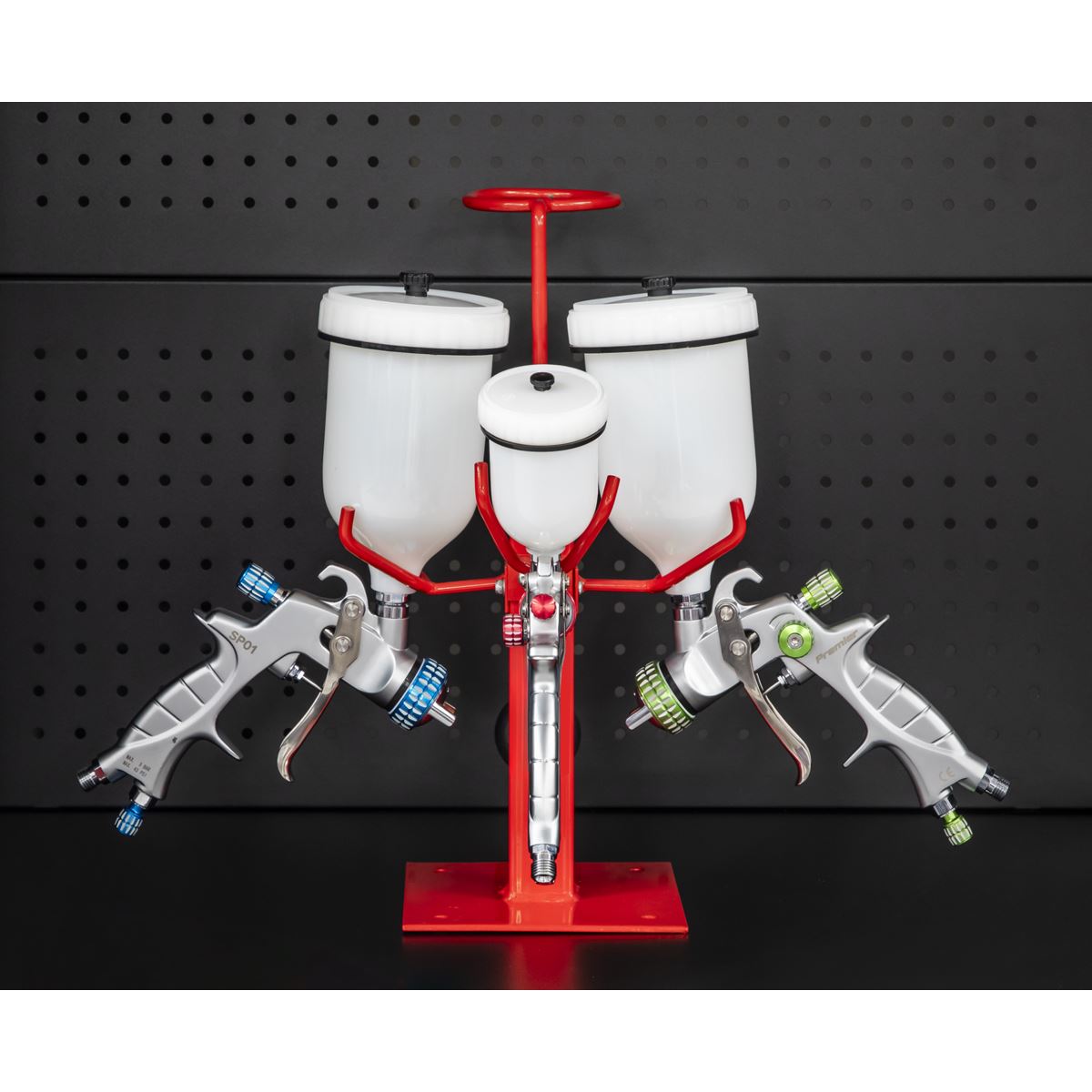 Sealey Spray Gun Holder Stand Heavy Duty 3 Gravity Feed Filter Ring Body Shop 