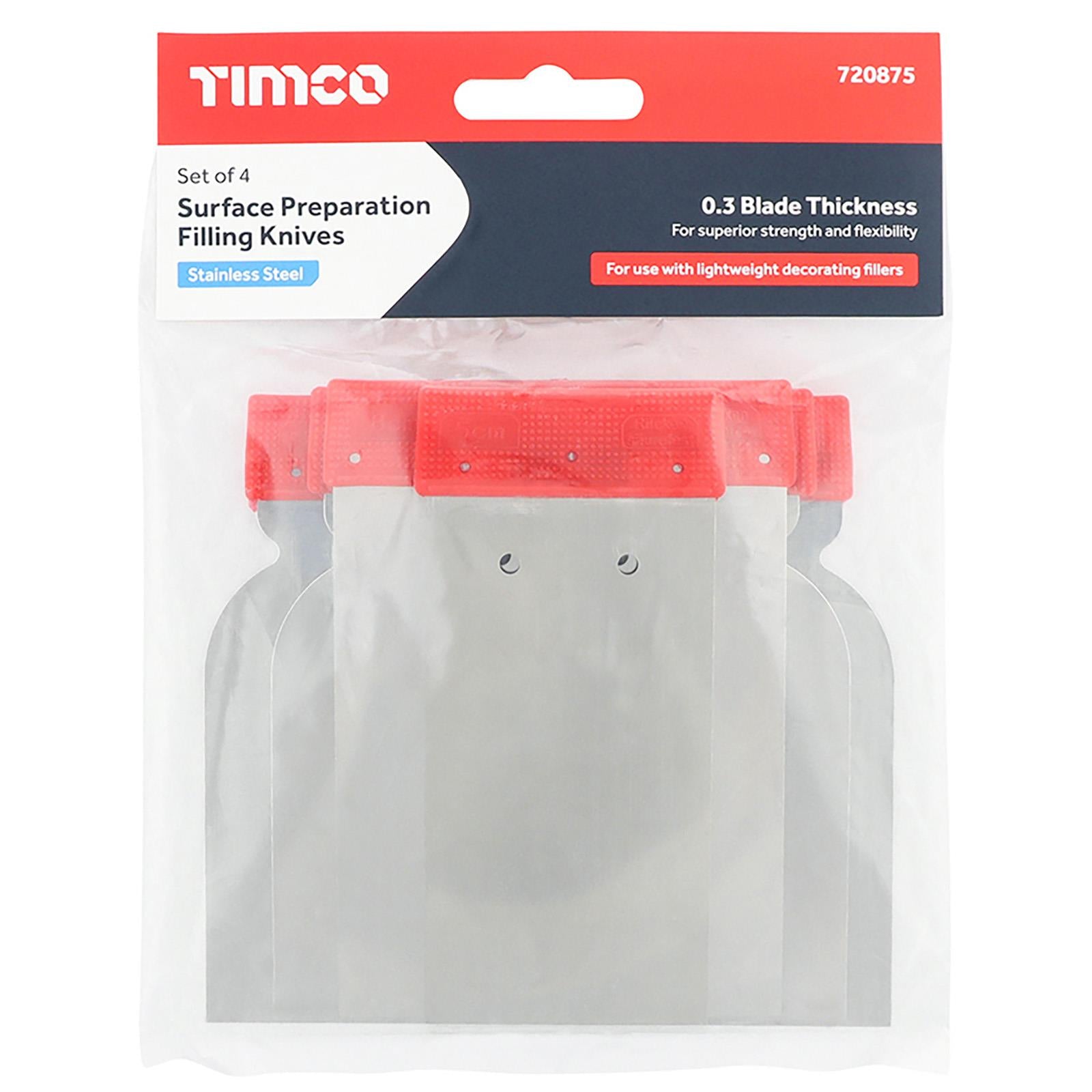 TIMCO Body Filler Applicator Spreader Surface Preparation Set 4 Piece Stainless Steel