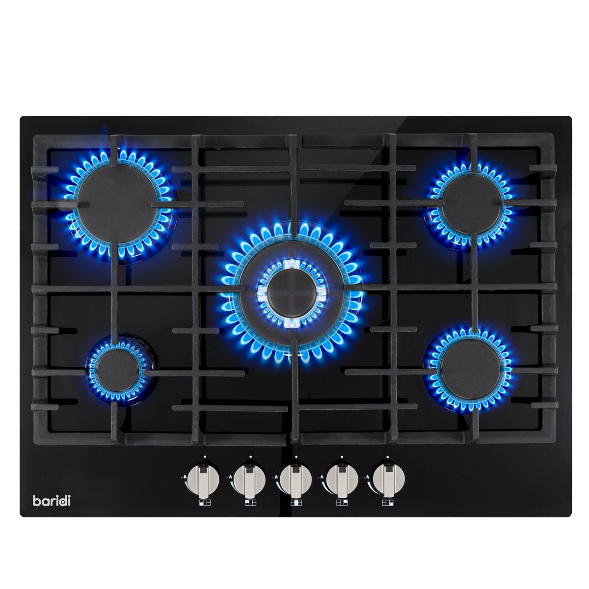 Baridi 70cm Gas on Glass Hob, 5 Burner and Cast Iron Pan Supports, Black Glass