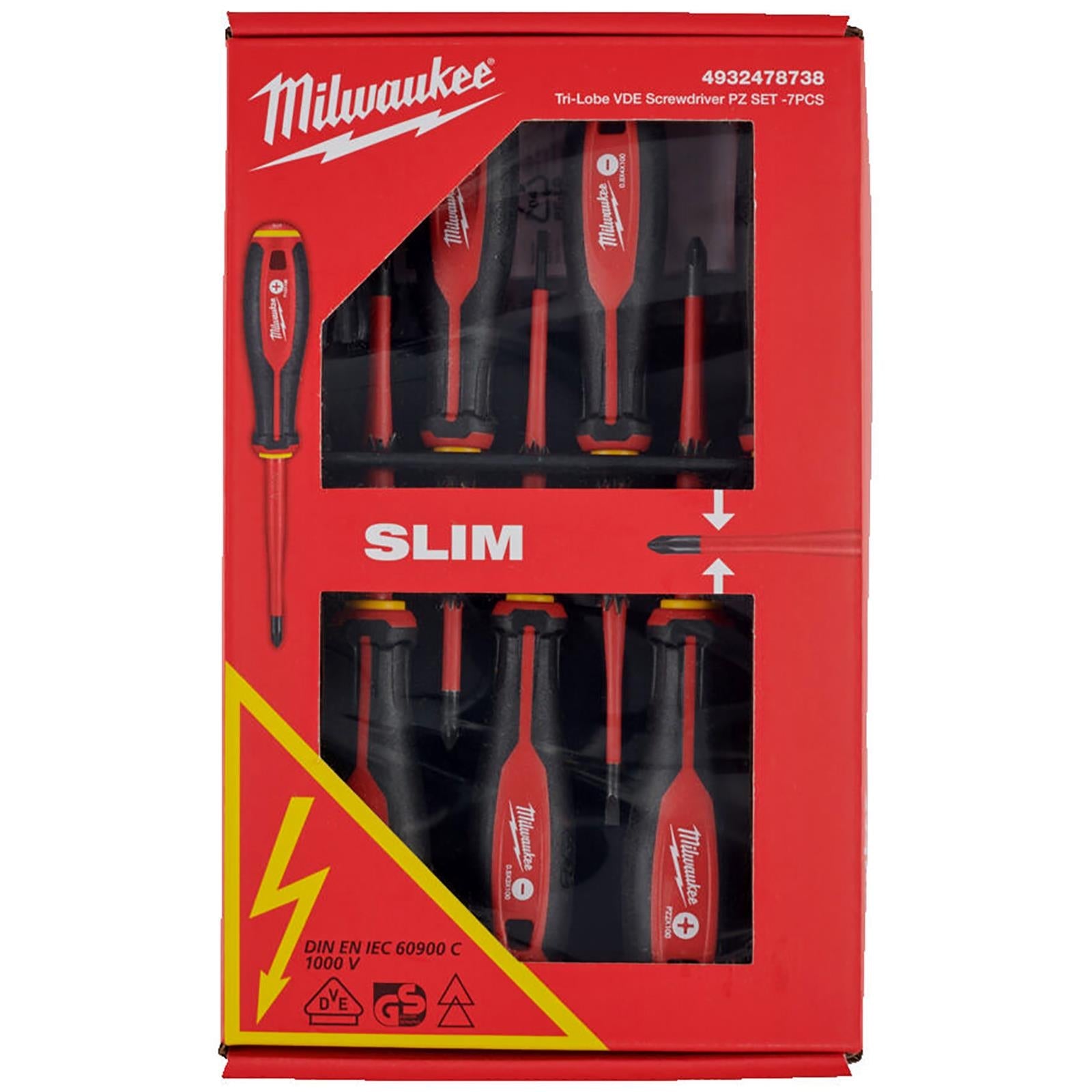 Milwaukee Tri-Lobe VDE Screwdriver Set Slim 7 Piece Slotted Phillips Pozi 
