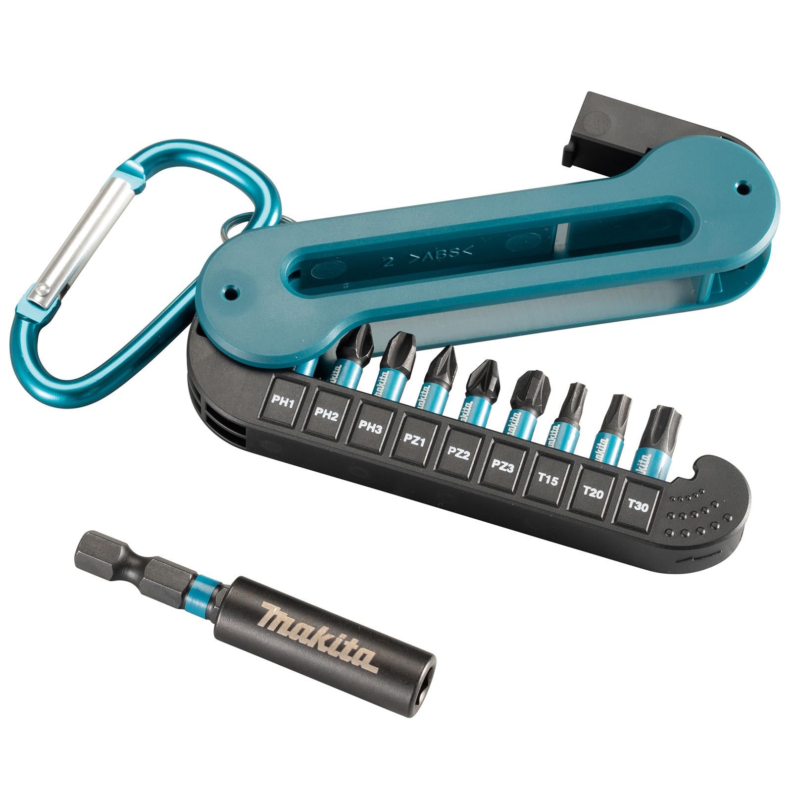 Makita Screwdriver Bit Set 25mm 1/4" Hex 10 Pieces IMPACT BLACK with Magnetic Bit Holder on Carabiner E-12005