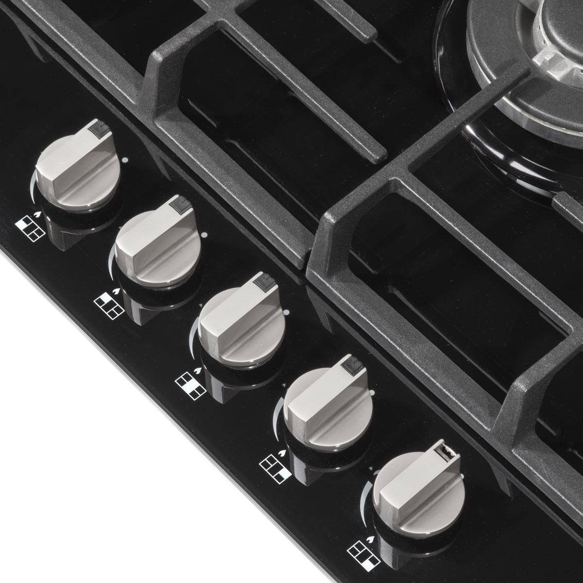 Baridi 70cm Gas on Glass Hob, 5 Burner and Cast Iron Pan Supports, Black Glass