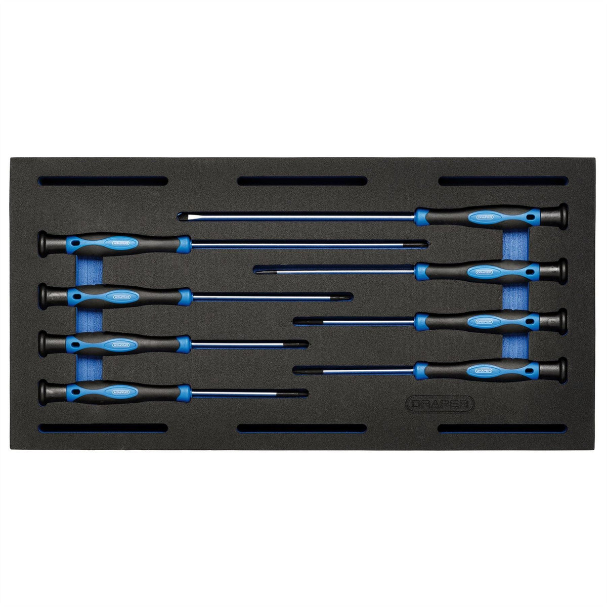 Draper Extra Long Precision Screwdriver Set in 1/4 Drawer EVA Insert Tray (8 Piece) 63399  White Rose Tools