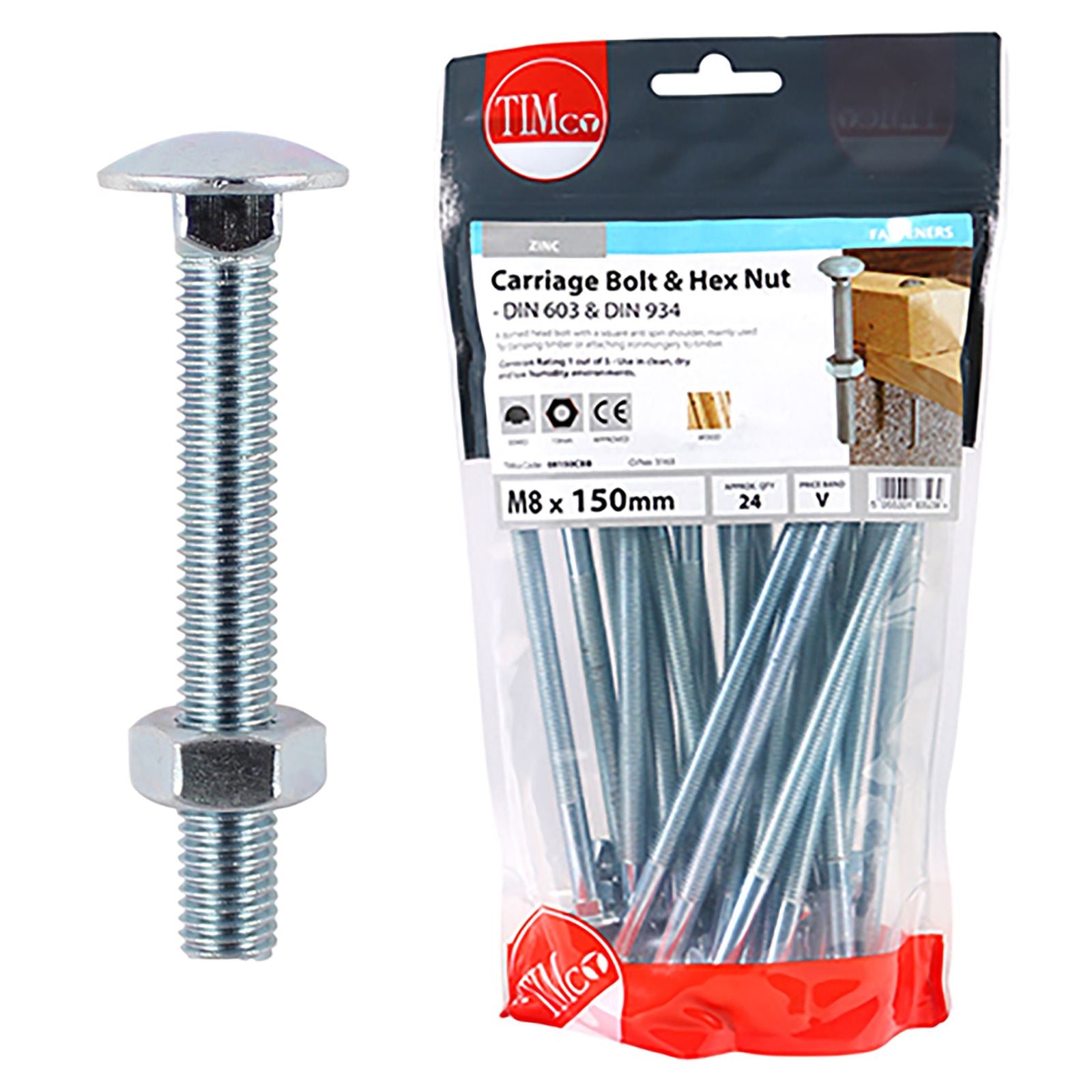 TIMCO Carriage Bolts with Hex Nuts 4.8 Grade Zinc Carbon Steel TIMbag M6-M12 - Choose Size