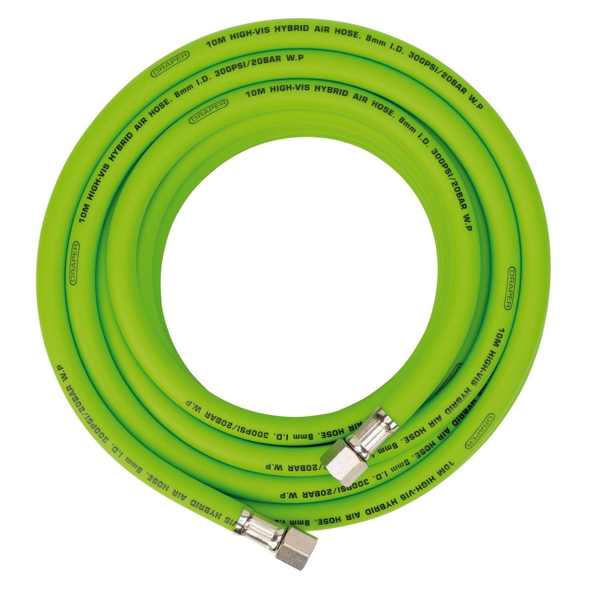 Draper High Visibility Hybrid Air Hose 10m x 8mm 1/4" BSP Green 31734  White Rose Tools