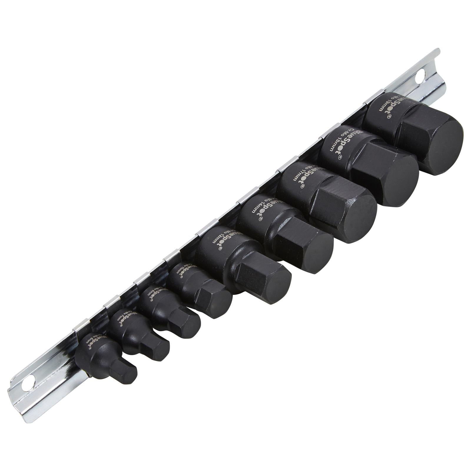 BlueSpot Impact Hex Socket Set Metric Low Profile on Socket Rail 9 Pieces 1/4" 3/8" Drive  White Rose Tools