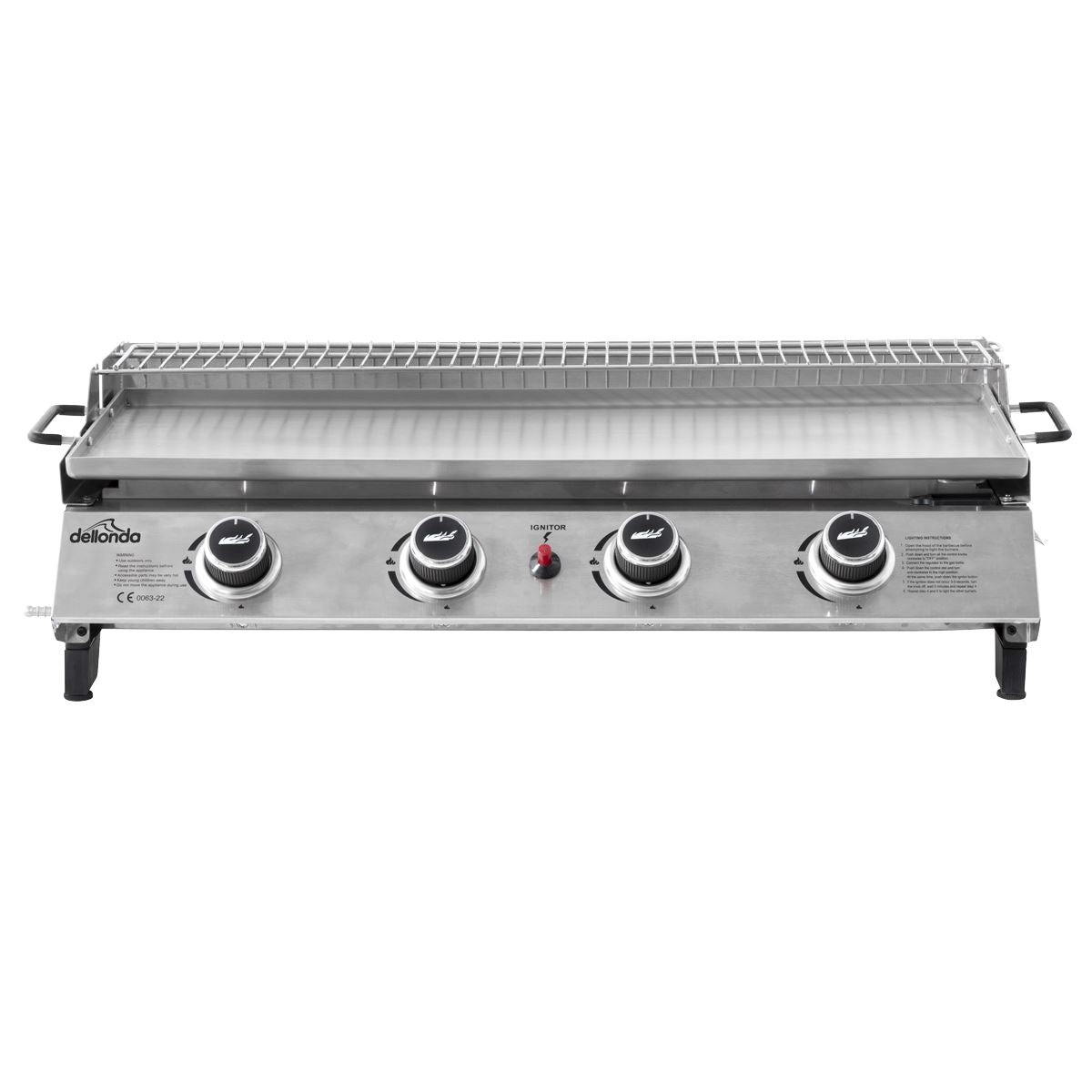 Dellonda 4 Burner Portable Gas Plancha with Warming Rack, 10kW BBQ Griddle, Stainless Steel