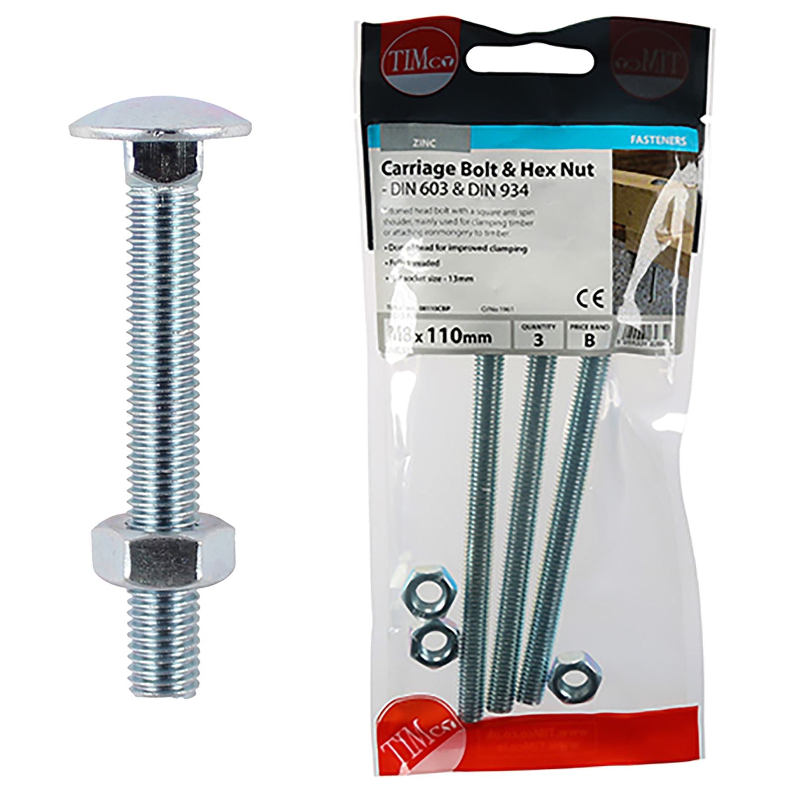 TIMCO Carriage Bolts with Hex Nuts 4.8 Grade Zinc Carbon Steel TIMpac M6-M12 - Choose Size