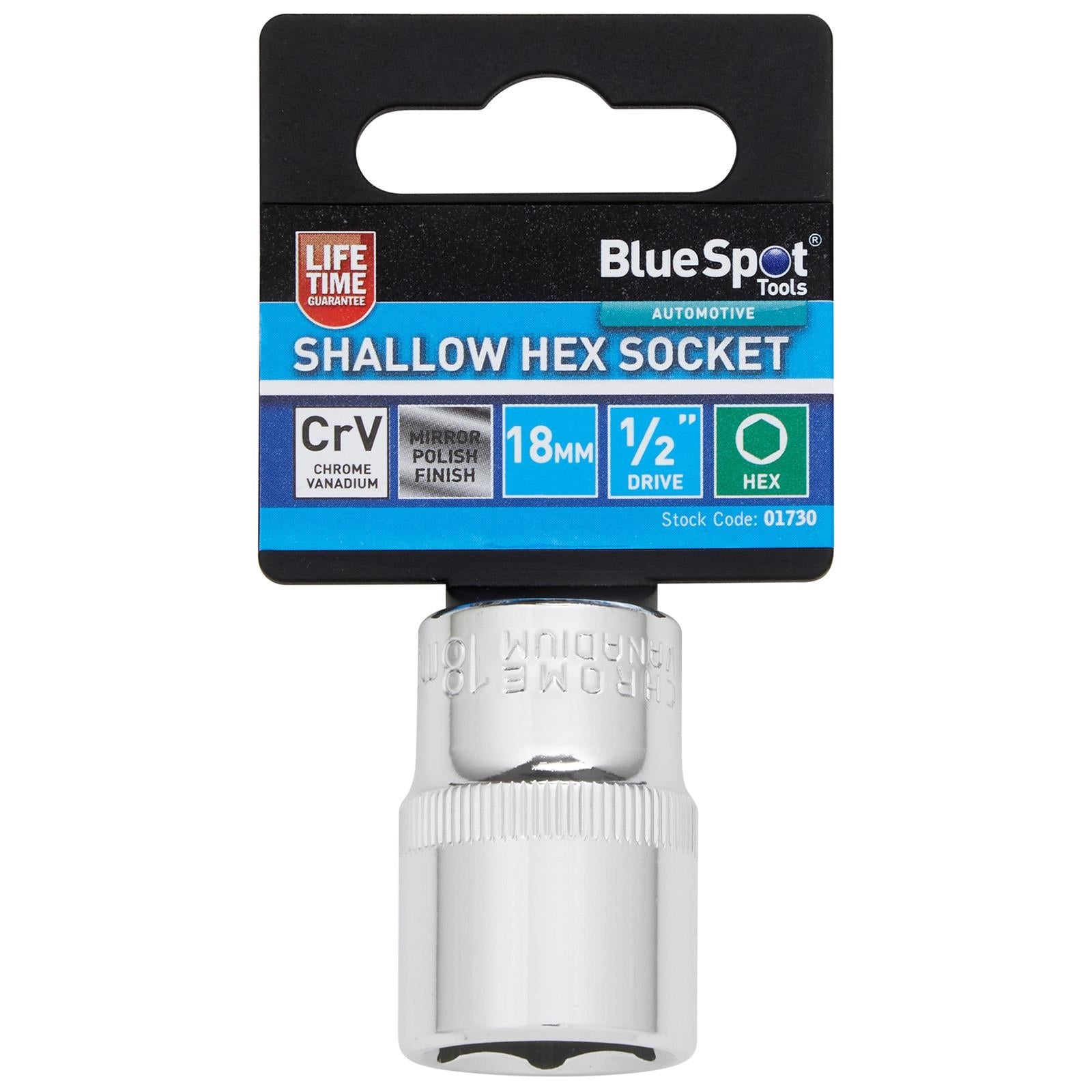 BlueSpot Shallow Socket 1/2" Drive 6 Point Hex Chrome Individual 8-32mm - Choose Size  White Rose Tools