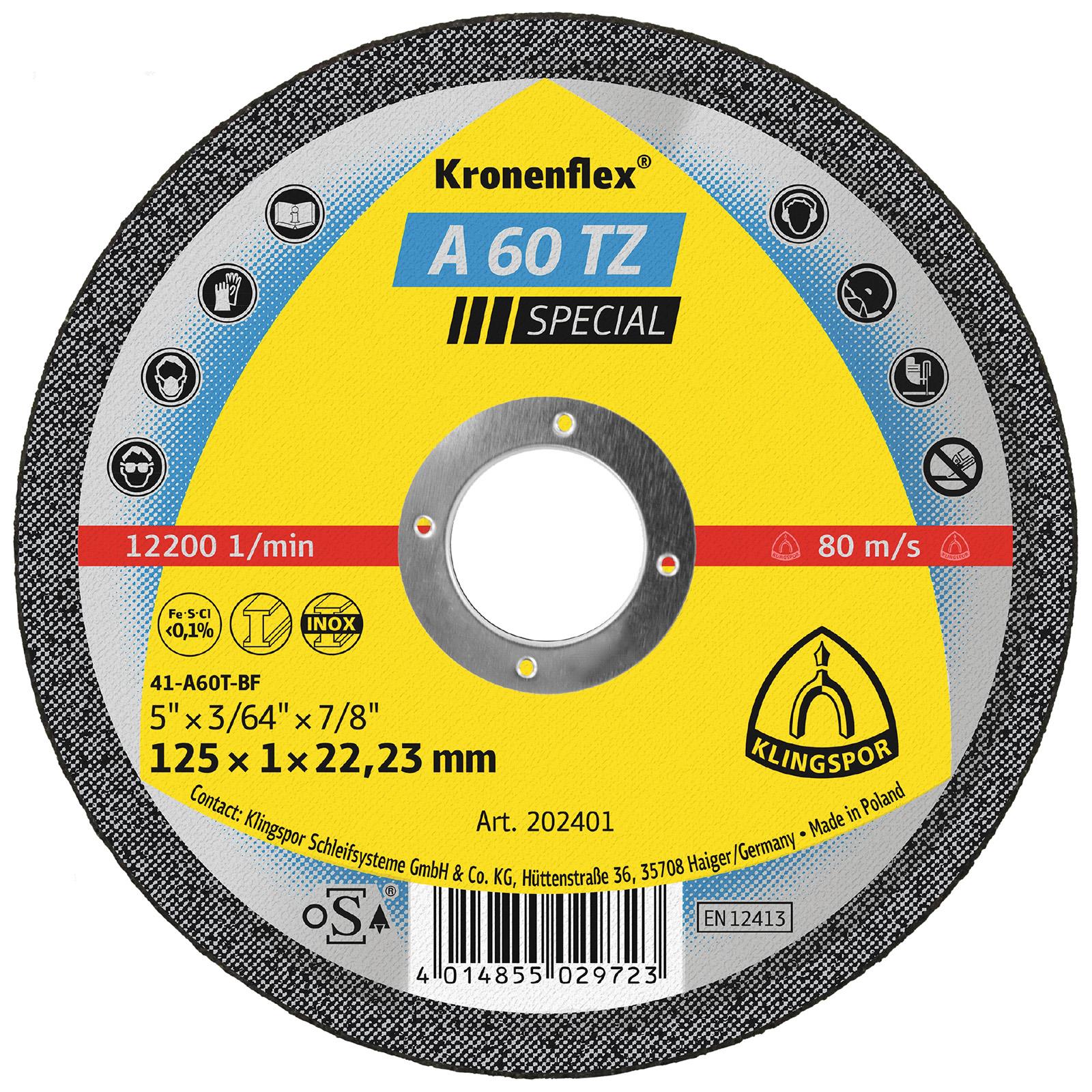 Klingspor Cutting Discs A60TZ Kronenflex for Stainless Steel 125mm x 1mm x 22.23mm - Choose Pack Size