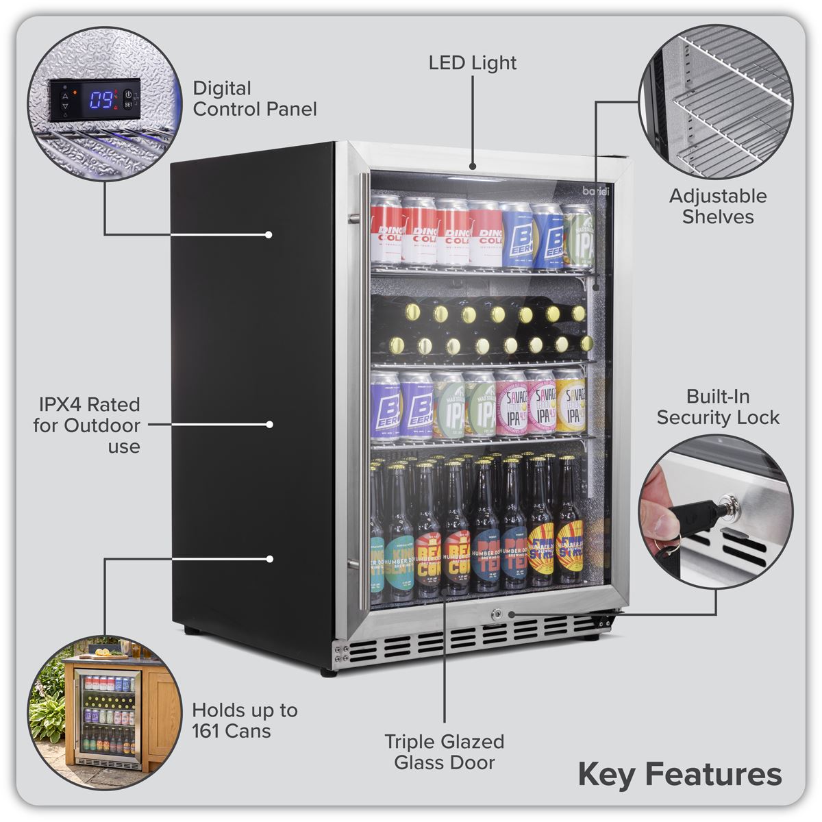 Baridi Outdoor Drinks/Beverage/Bar Fridge with Triple Glazed Door & Security Lock 150L - Stainless Steel  White Rose Tools