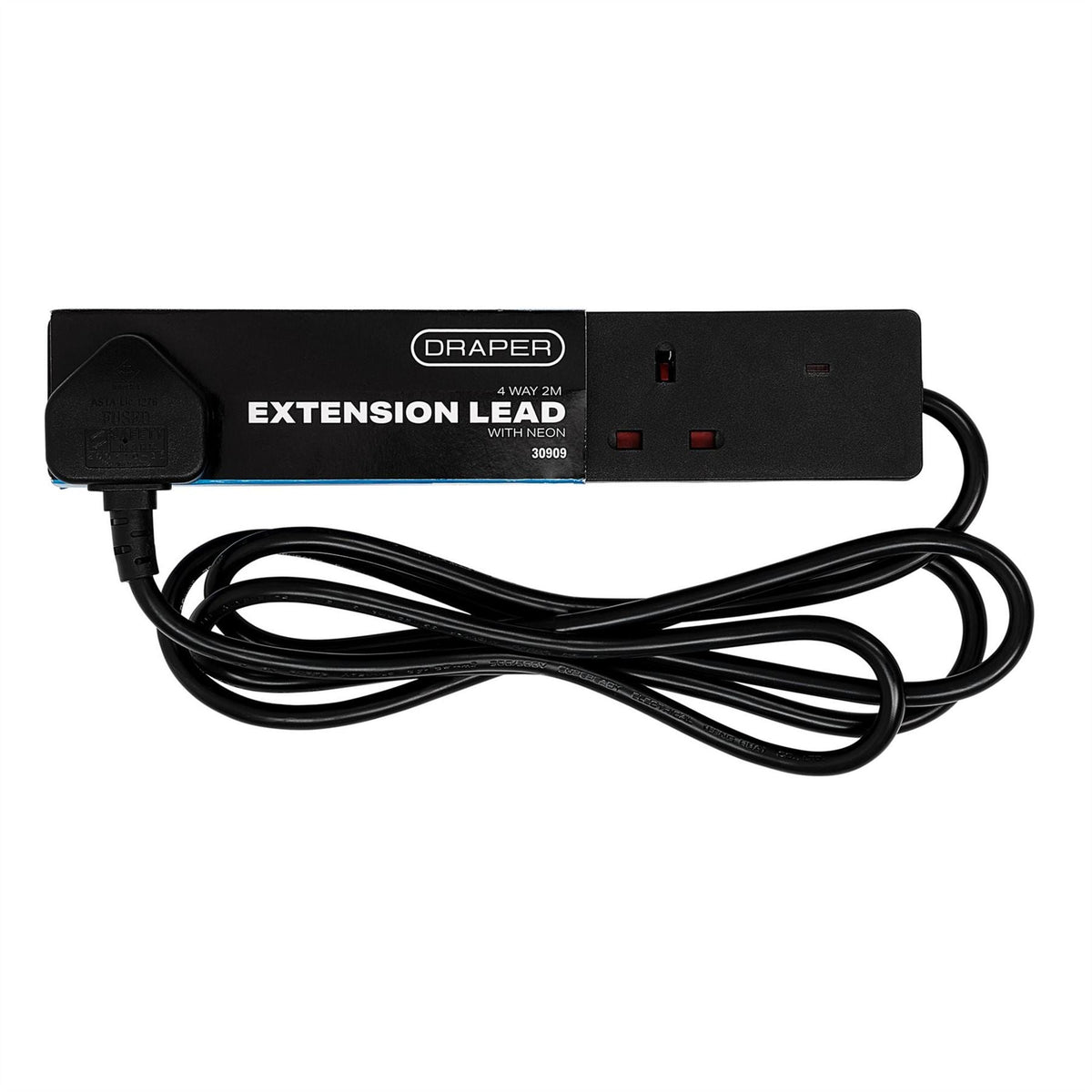 Draper 4 Way Black Extension Lead 2m 30909  White Rose Tools