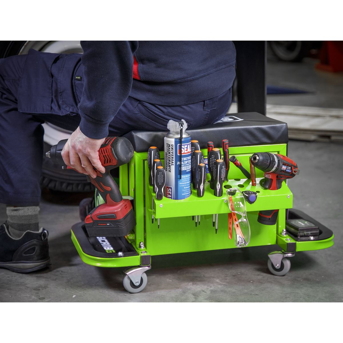 Sealey Mechanics Rolling Utility Seat and Toolbox with Drawers Green 