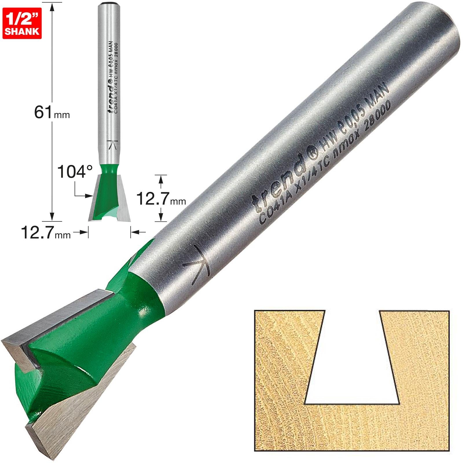 Trend Dovetail Cutter Angle=104 Degrees 12.7mm Diameter C041AX1/4TC 