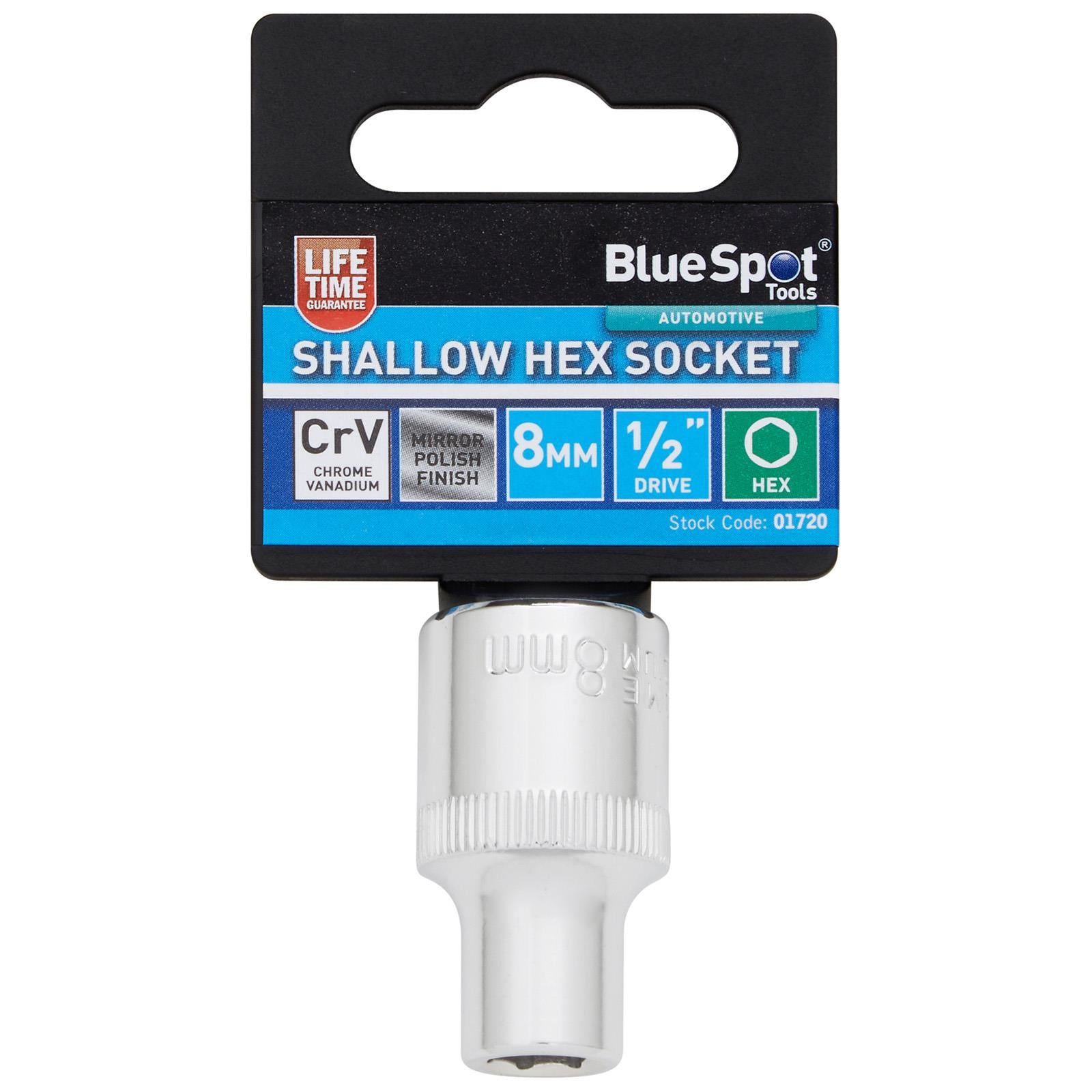 BlueSpot Shallow Socket 1/2" Drive 6 Point Hex Chrome Individual 8-32mm - Choose Size  White Rose Tools