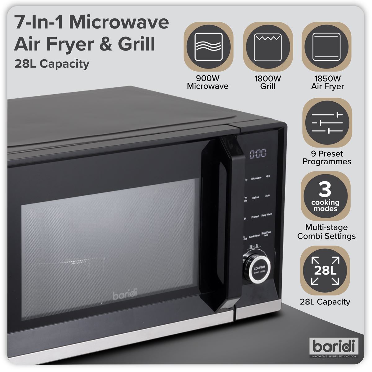 Baridi 7-in-1 Air Fryer Microwave & Grill, 28L Capacity - Black  White Rose Tools