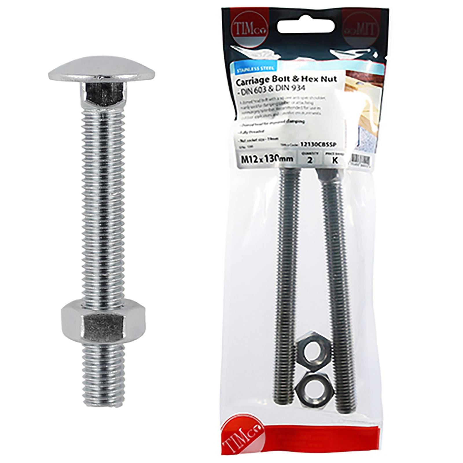 TIMCO Carriage Bolts with Hex Nuts A2 Austenitic Stainless Steel TIMpac M8-M12 - Choose Size