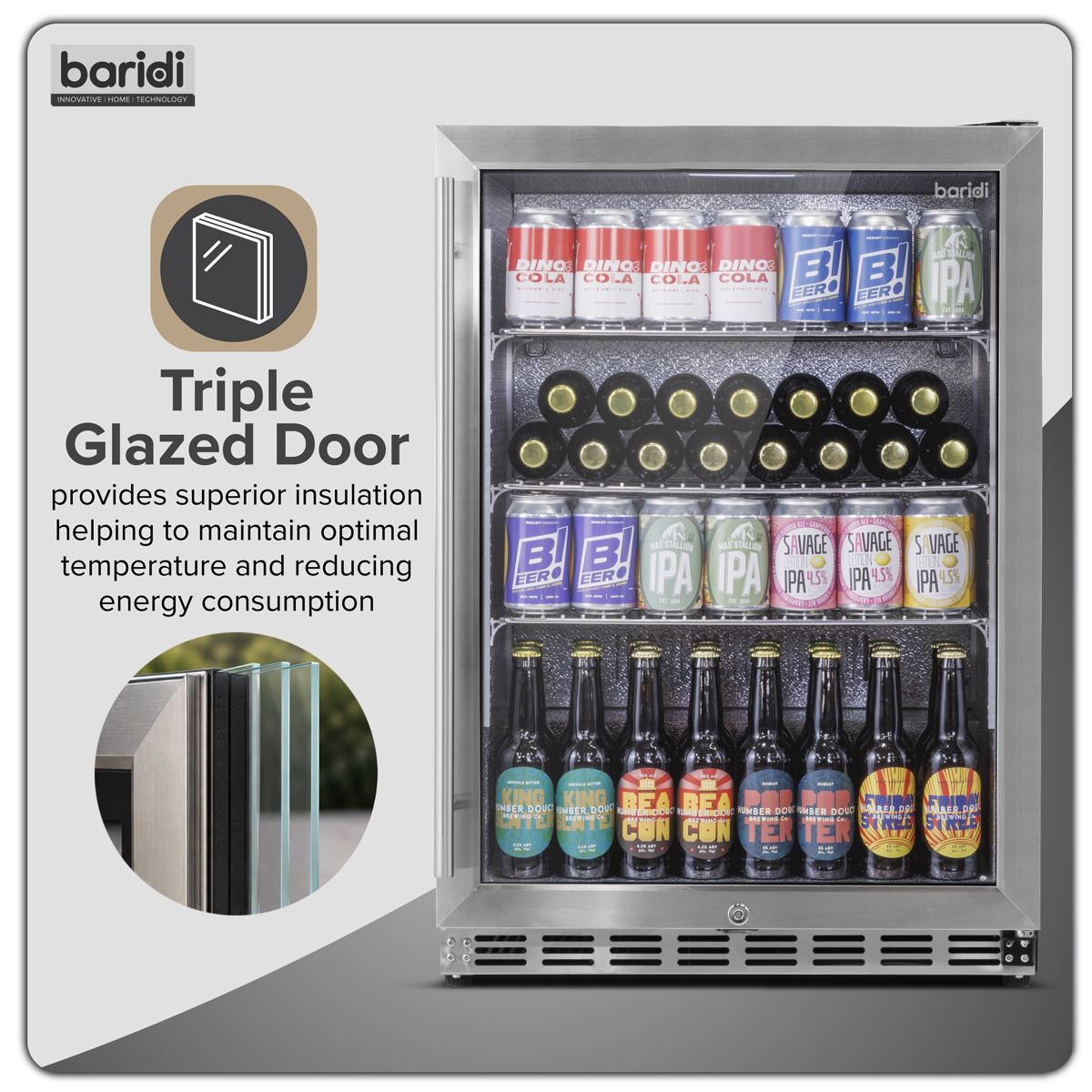 Baridi Outdoor Drinks/Beverage/Bar Fridge with Triple Glazed Door & Security Lock 150L - Stainless Steel  White Rose Tools