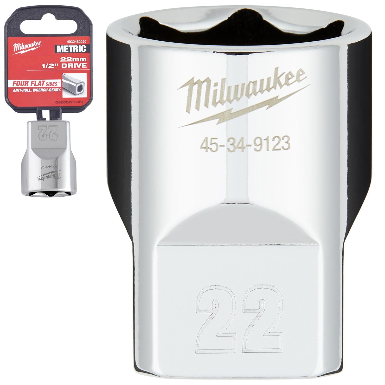 Milwaukee Chrome Socket 1/2" Drive Four Flat Sides Metric Standard 8-36mm Individual - Choose Size