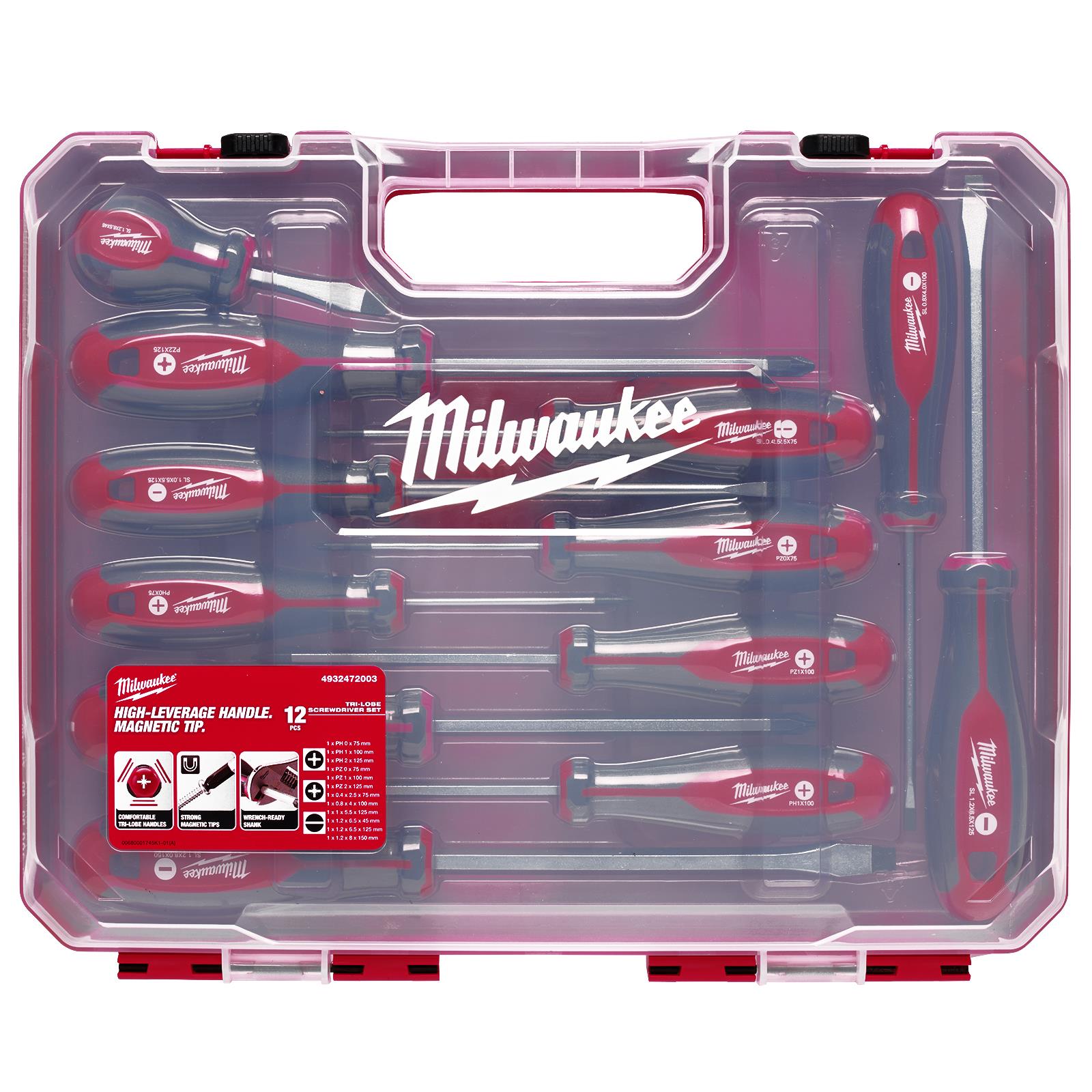Milwaukee Tri-Lobe Screwdriver Set 12 Piece in Case Pozi Phillips Slotted 