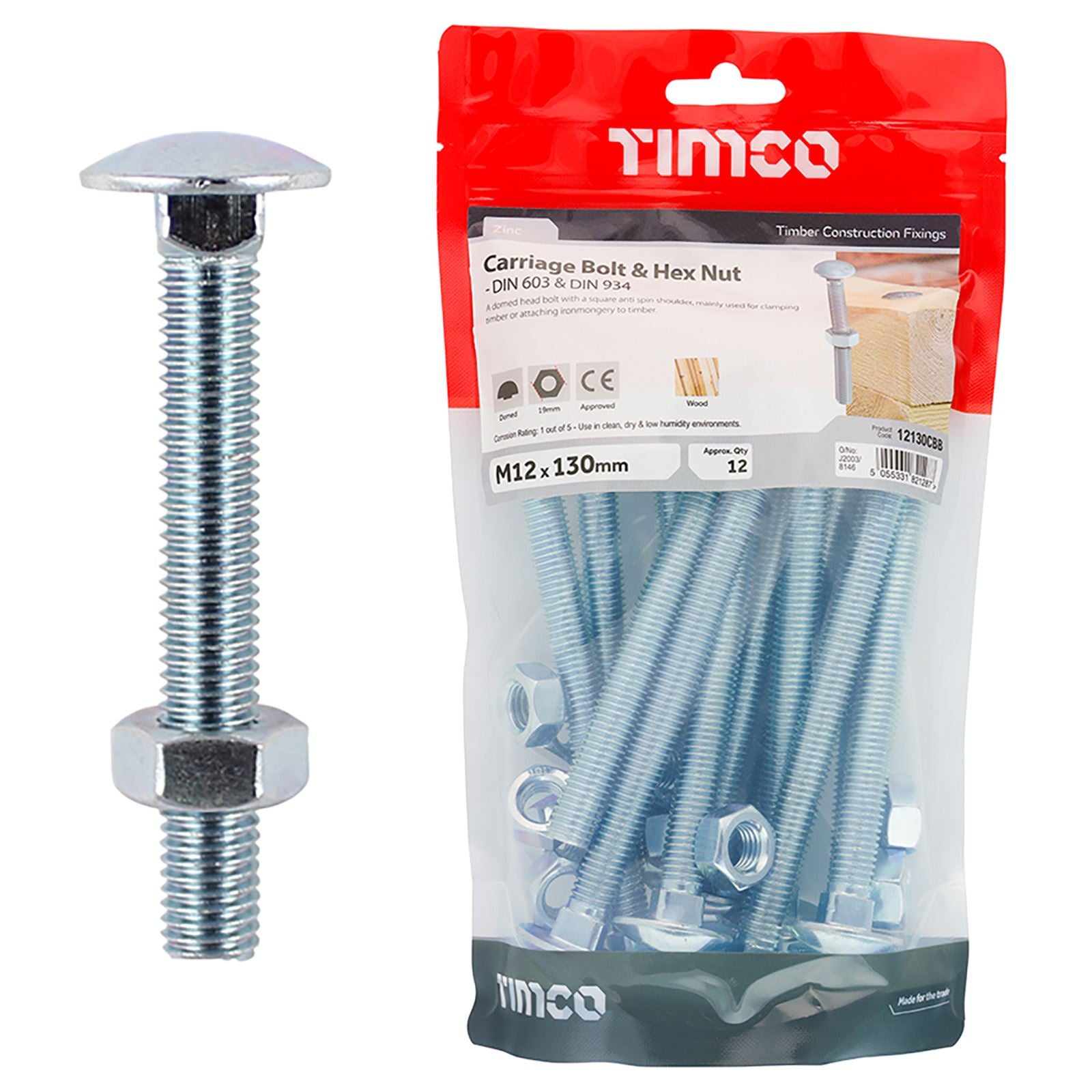 TIMCO Carriage Bolts with Hex Nuts 4.8 Grade Zinc Carbon Steel TIMbag M6-M12 - Choose Size