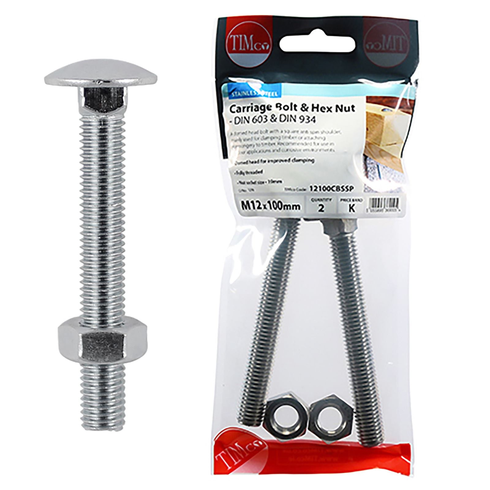 TIMCO Carriage Bolts with Hex Nuts A2 Austenitic Stainless Steel TIMpac M8-M12 - Choose Size