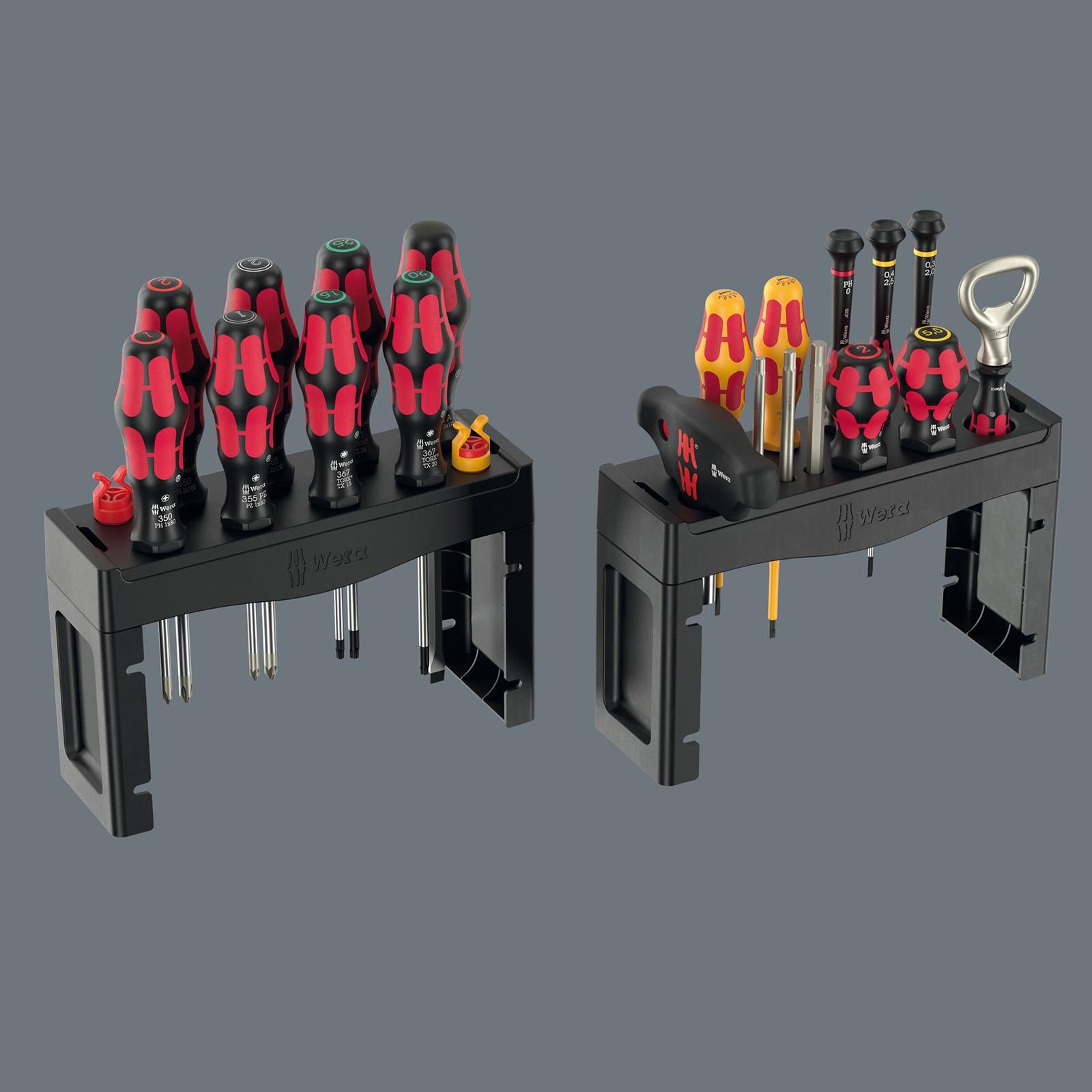 Full contents of the Wera Advent Calendar 2025 in 2 storage racks