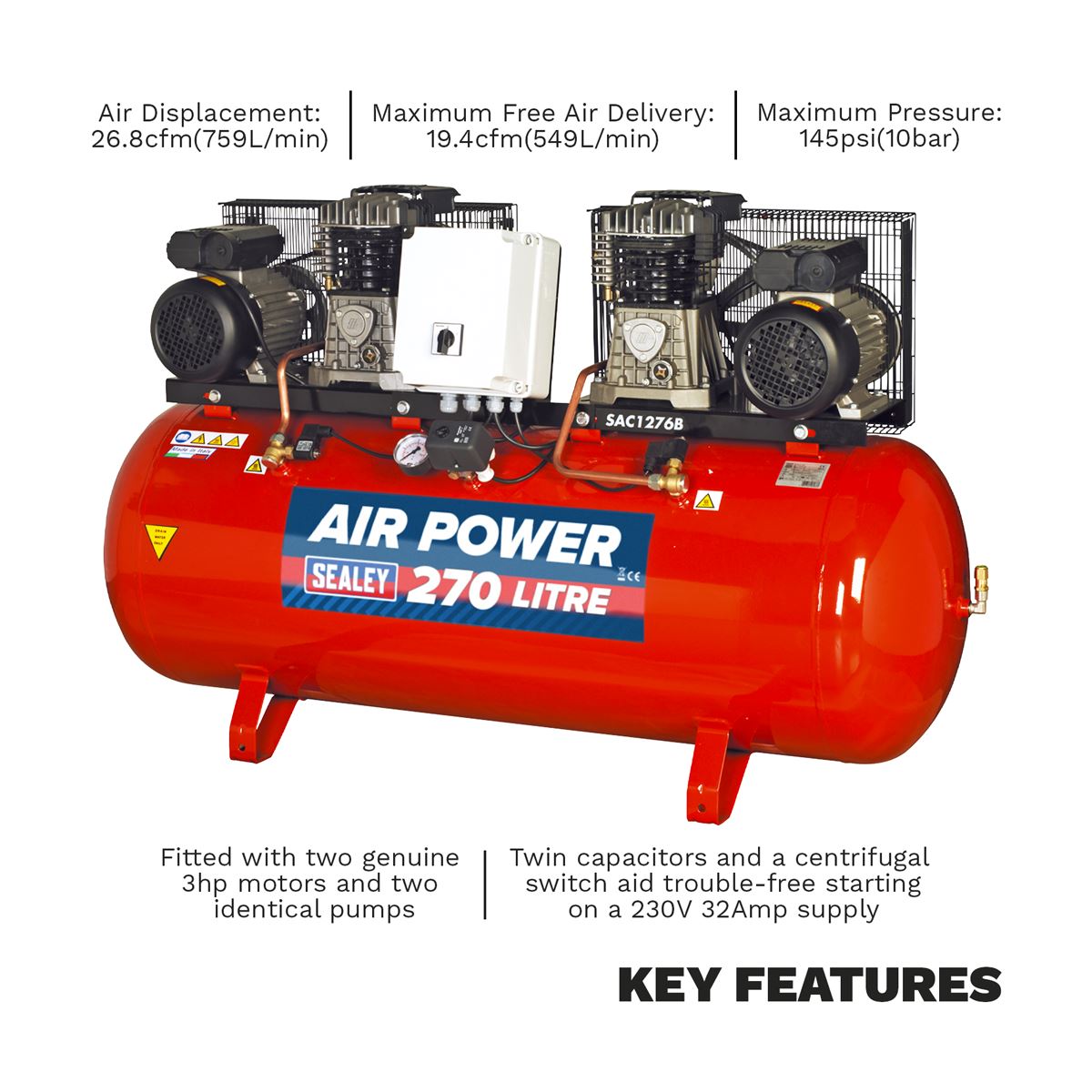 Sealey 270L Belt Drive Air Compressor with Cast Cylinders 2 x 3hp