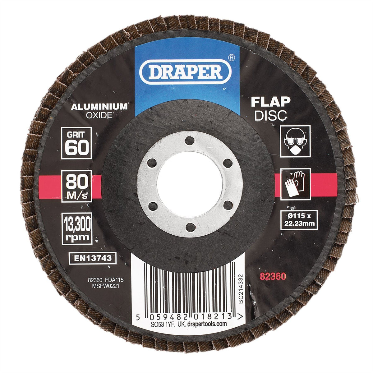 Draper Aluminium Oxide Flap Disc 115 x 22.23mm 60 Grit 82360  White Rose Tools