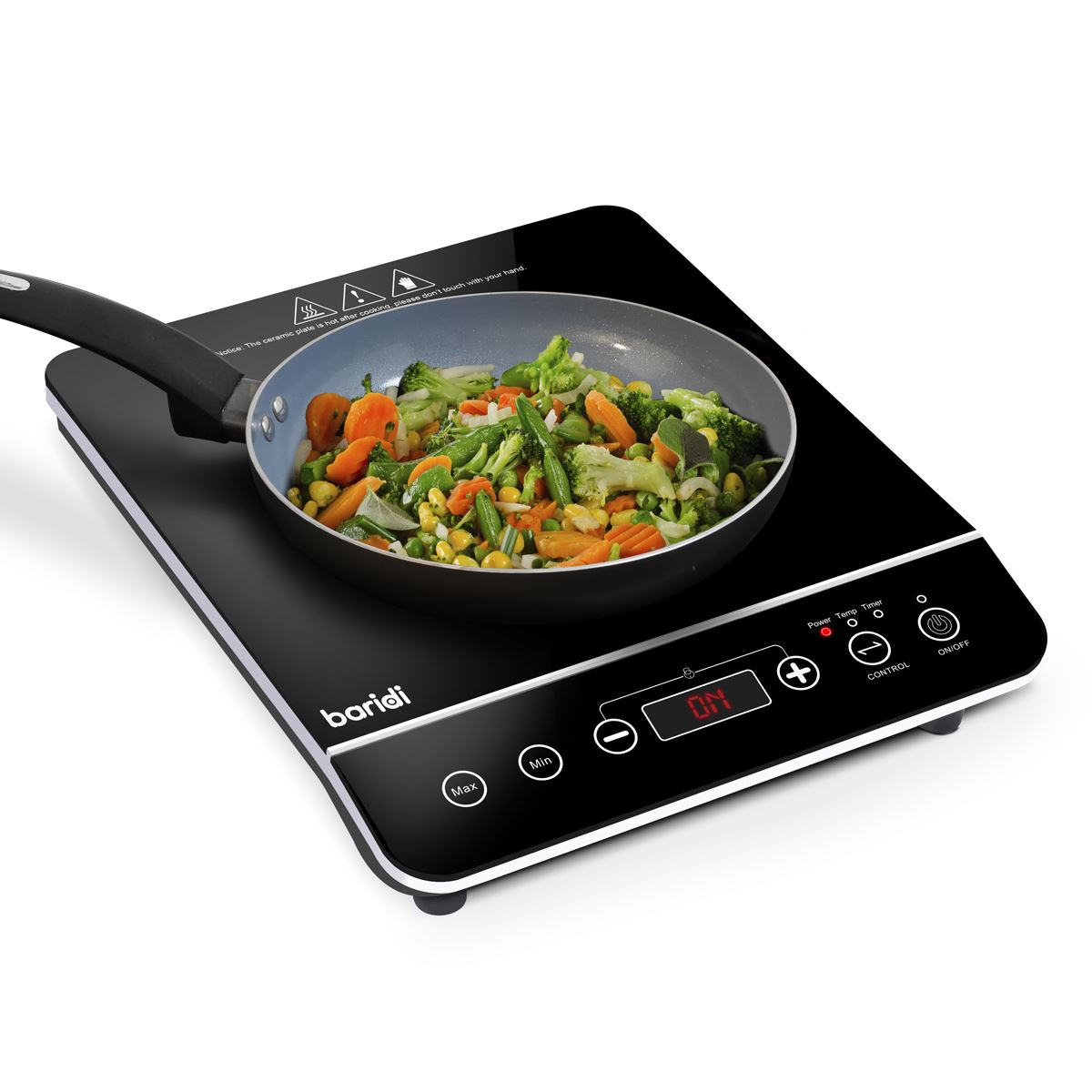 Baridi Induction Hob: Single Zone with 13A Plug, 10 Power Settings 200W-2000W, Touch Controls, 3-Hour Timer Function, Child Lock, Black