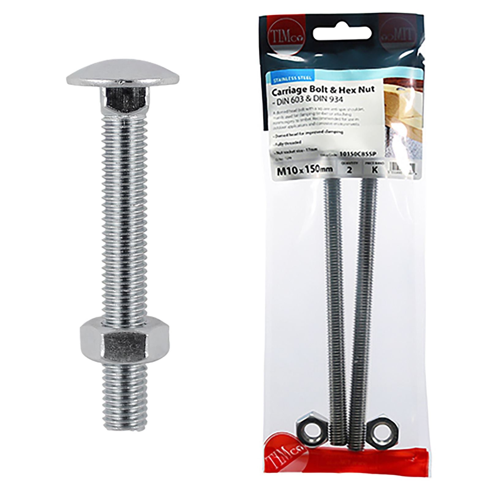 TIMCO Carriage Bolts with Hex Nuts A2 Austenitic Stainless Steel TIMpac M8-M12 - Choose Size