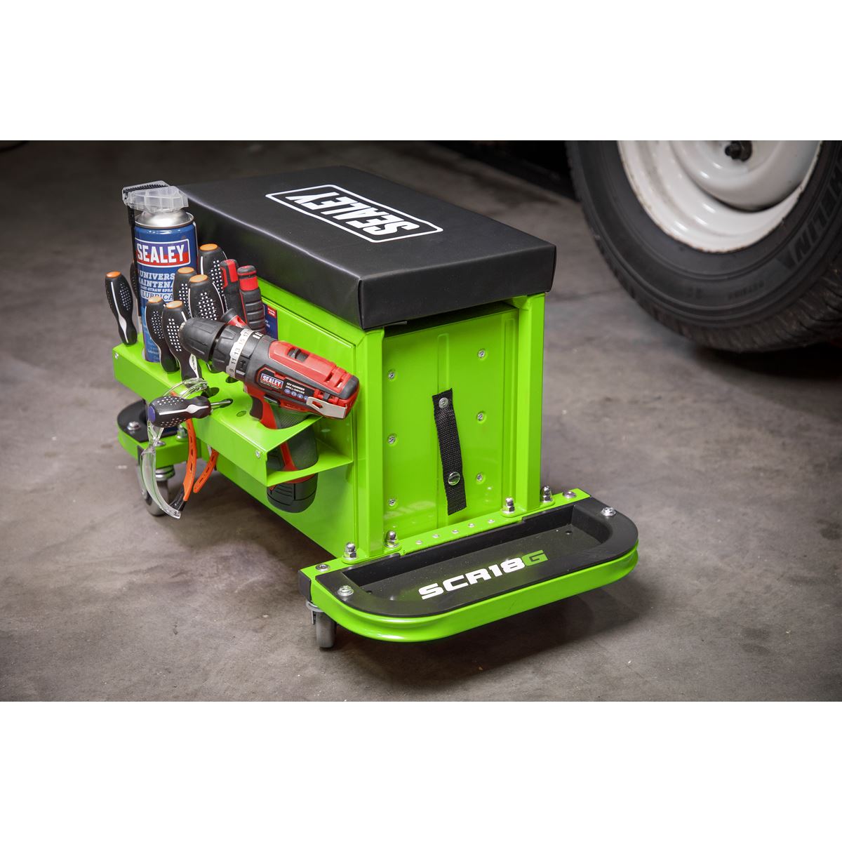 Sealey Mechanics Rolling Utility Seat and Toolbox with Drawers Green