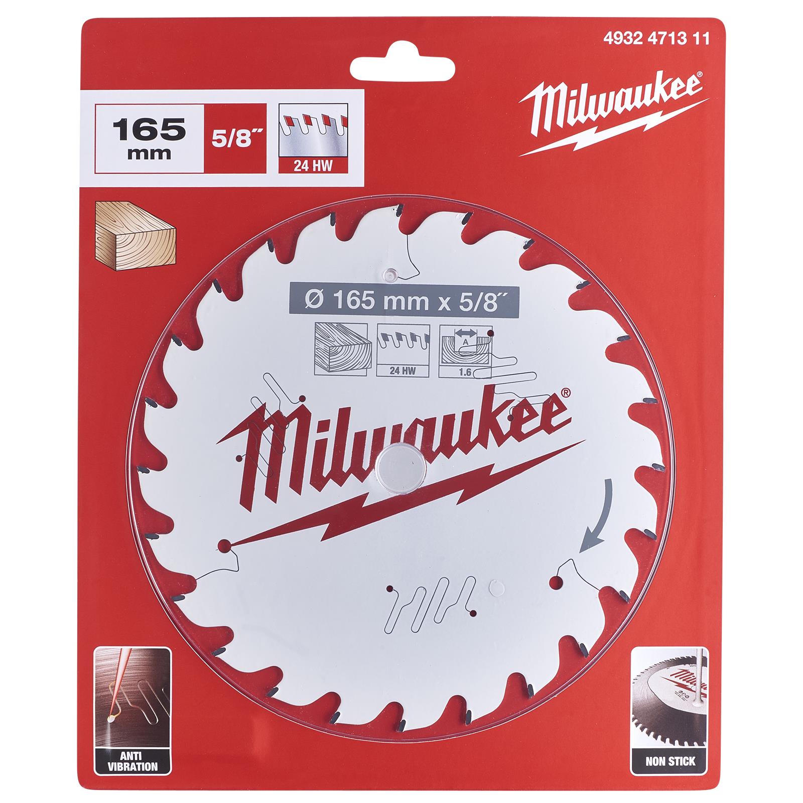 Milwaukee Circular Saw Blade for Wood 165mm x 5/8" Bore x 1.6mm Width 24T ATB