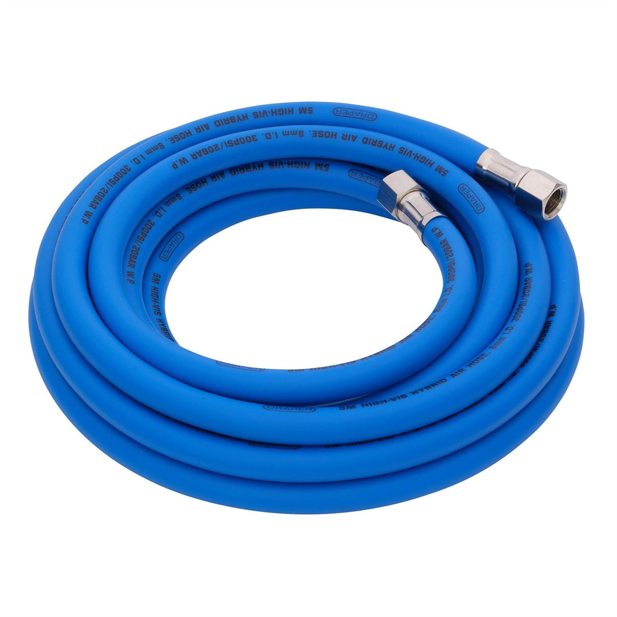 Draper High Visibility Hybrid Air Hose 5m x 8mm 1/4" BSP Blue 31733  White Rose Tools