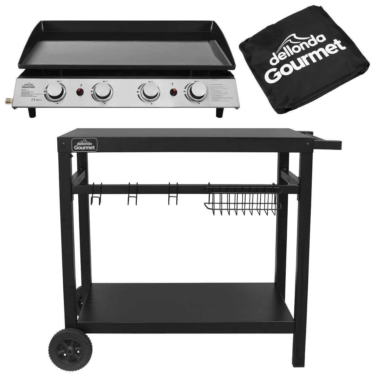 Dellonda 4 Burner Portable Gas Plancha 10kW BBQ Griddle, Stainless Steel, Supplied with Water Resistant Cover & Trolley