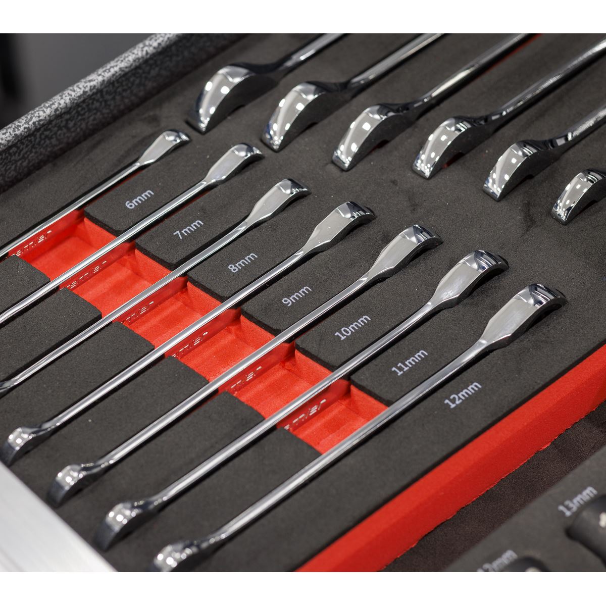 Sealey Premier Ratchet Spanner Set with Tool Tray 14pc  White Rose Tools