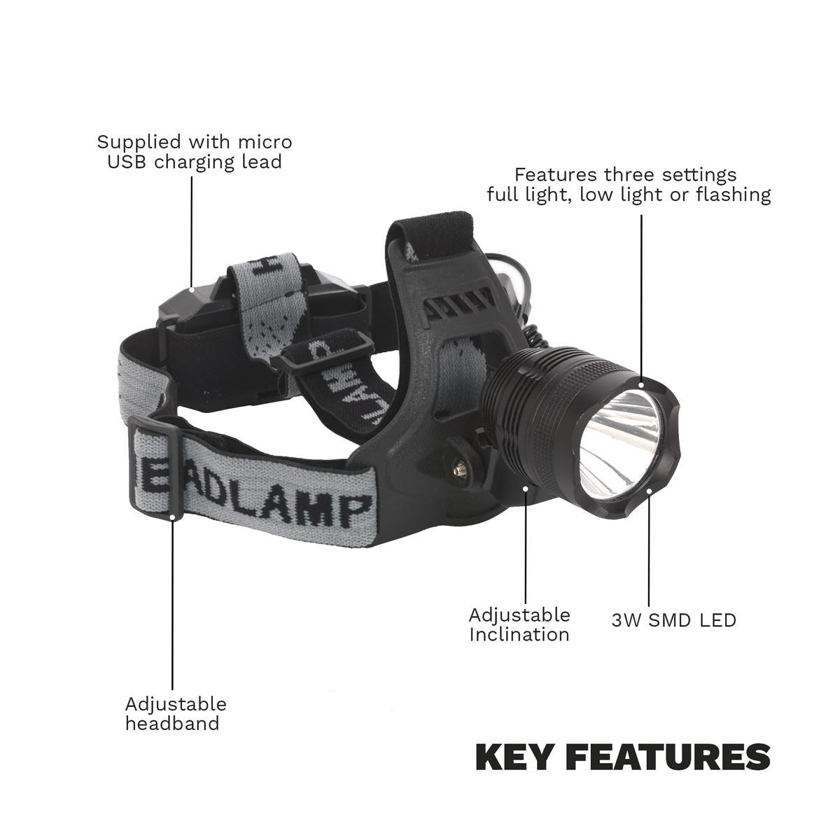 Sealey Rechargeable Head Torch 3W SMD LED 