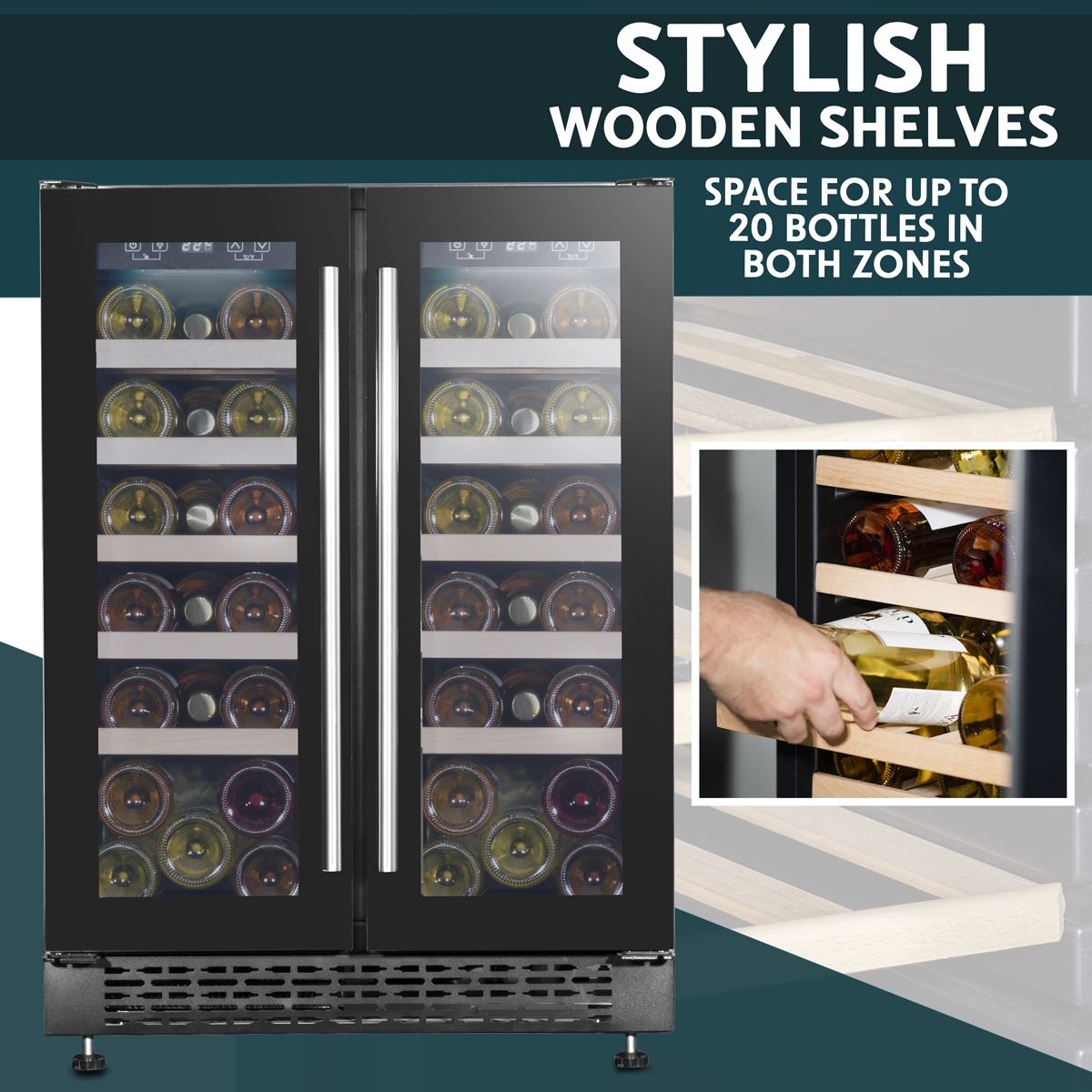 Baridi 60cm Dual Zone Wine Cooler and Drinks Fridge 40 Bottle/120 Can Built-In Under Counter/Freestanding Glass Fronted Bar Drinks Fridge Chiller