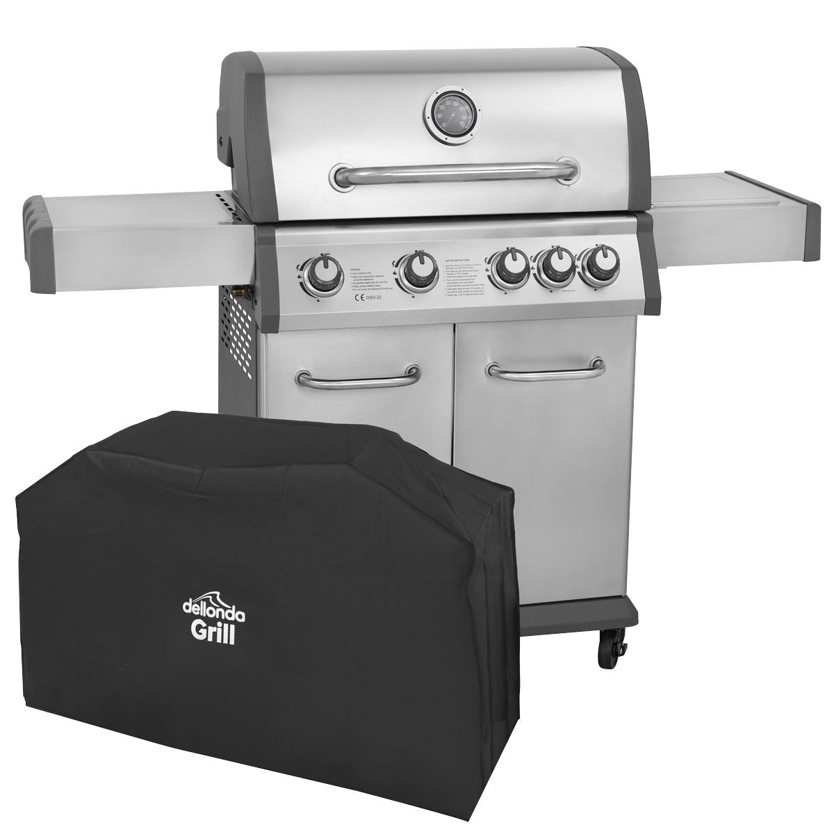 Dellonda 4+1 Burner Deluxe Gas BBQ with Piezo Ignition & Water-Resistant Oxford Style Cover, Stainless Steel