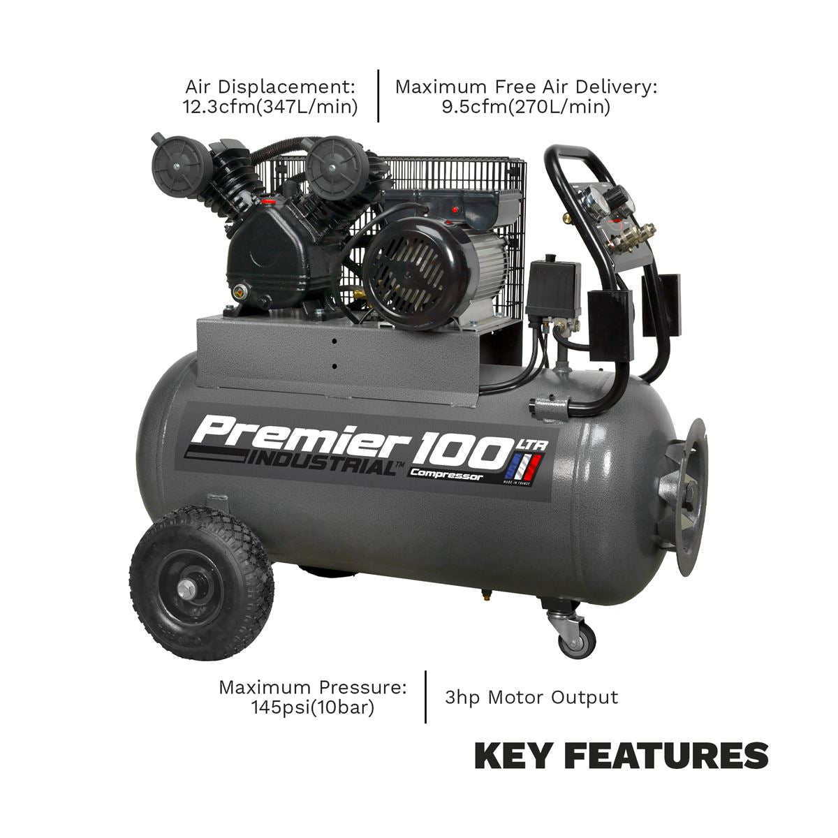 Sealey Premier Industrial Premier 100L Belt Drive Air Compressor with Front Control Panel 3hp