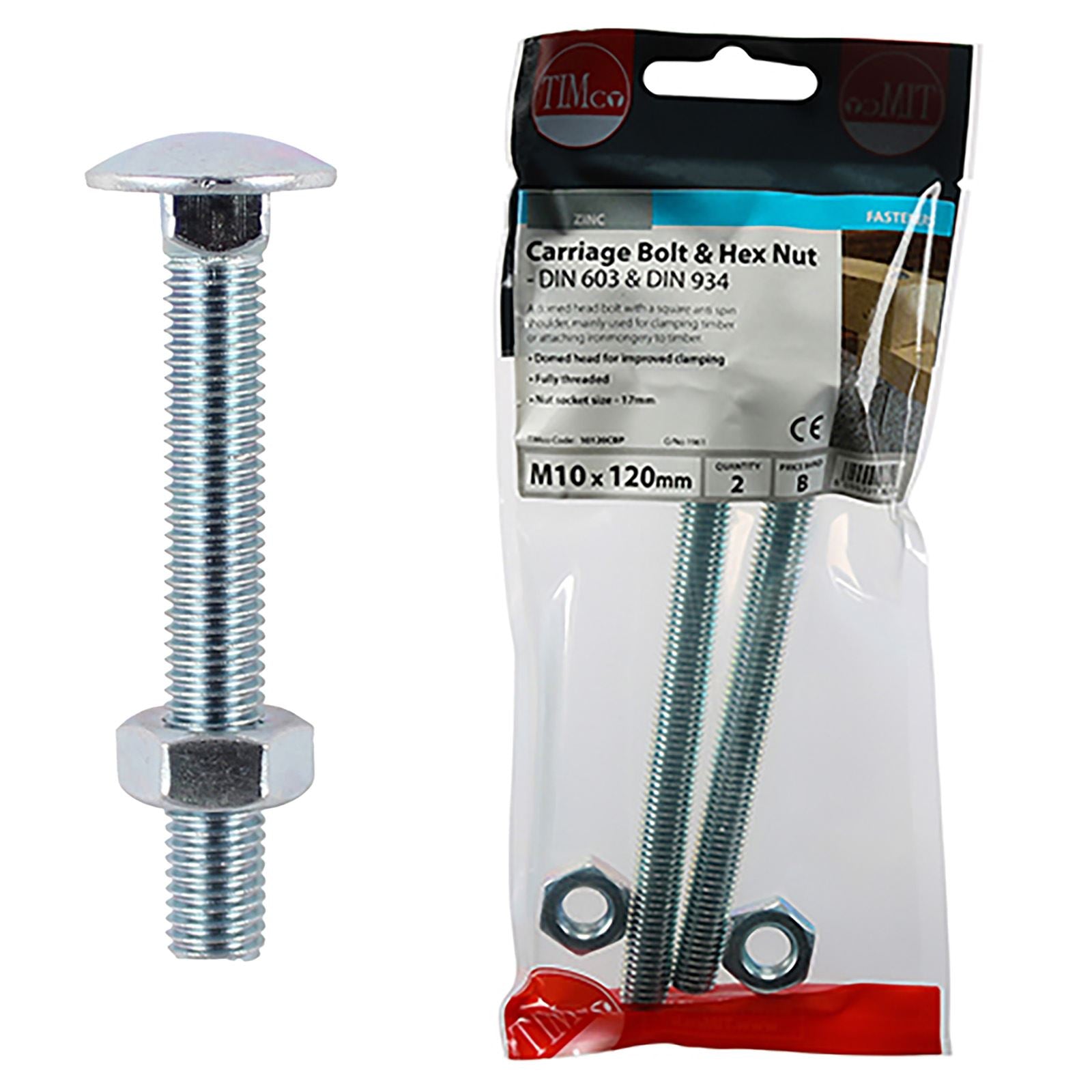 TIMCO Carriage Bolts with Hex Nuts 4.8 Grade Zinc Carbon Steel TIMpac M6-M12 - Choose Size