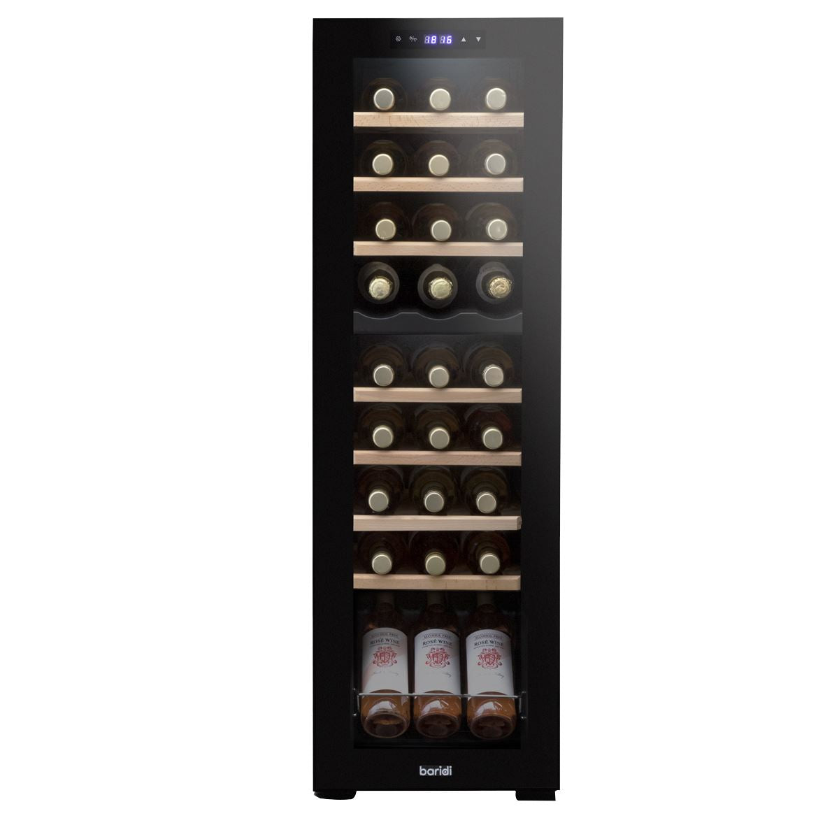 Baridi 27 Bottle Dual Zone Wine Cooler, Fridge with Digital Touchscreen Controls, Wooden Shelves & LED Light, Black
