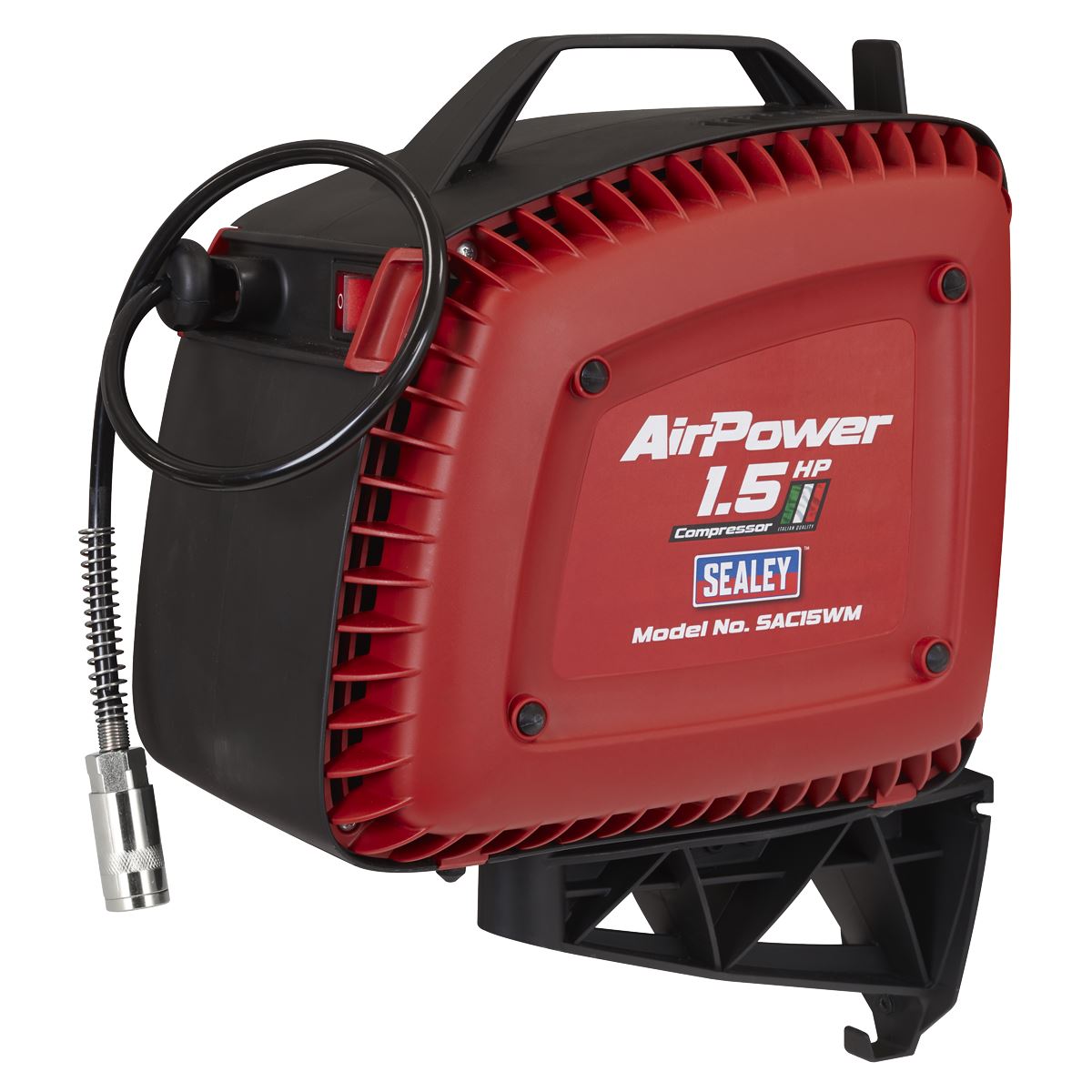 Sealey Wall Mounting Oil Free Air Compressor 1.5hp with 7m Retractable Hose Reel 