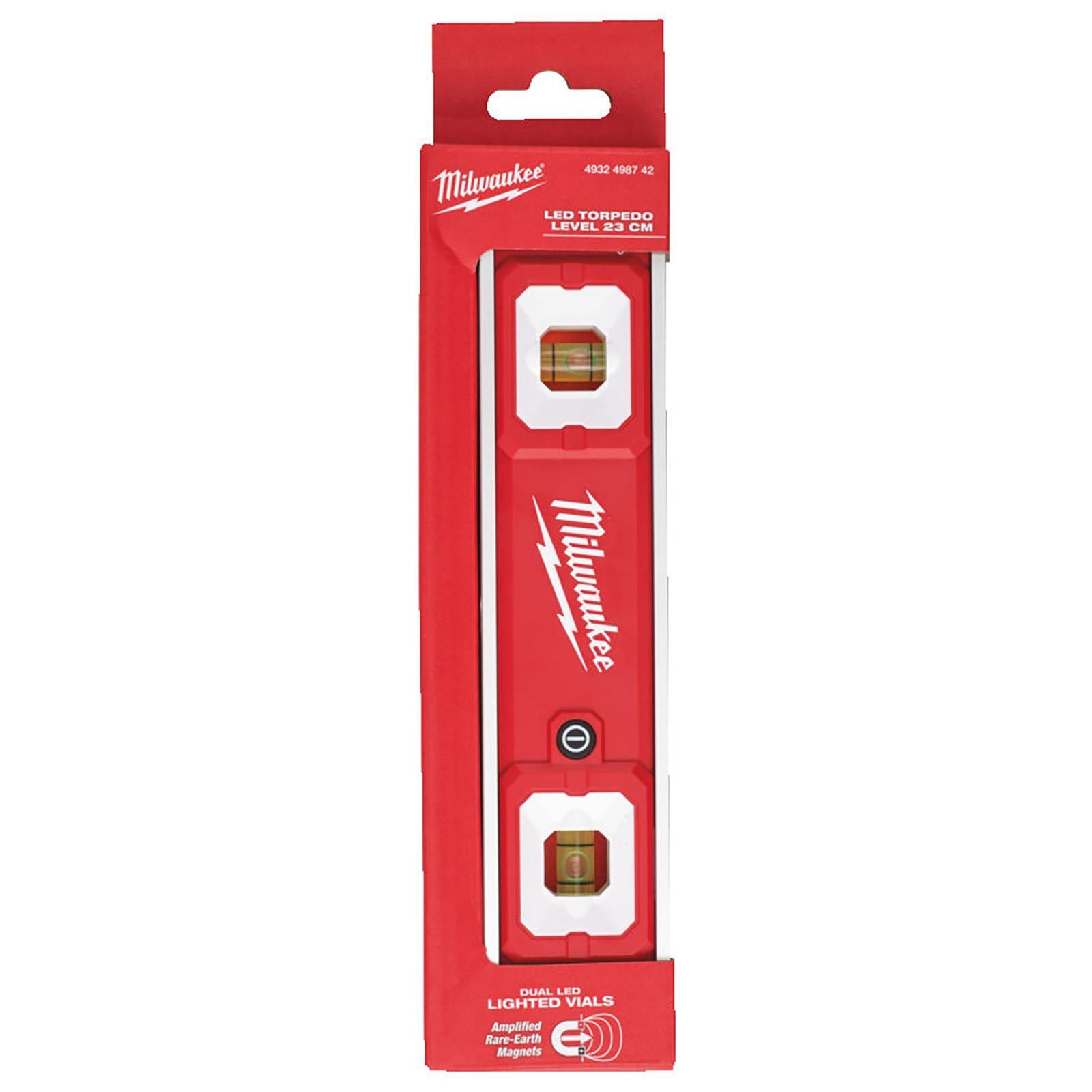 Milwaukee 23cm LED Torpedo Spirit Level Magnetic Hi-Vis Vials Slim Aluminium Frame Measuring  White Rose Tools