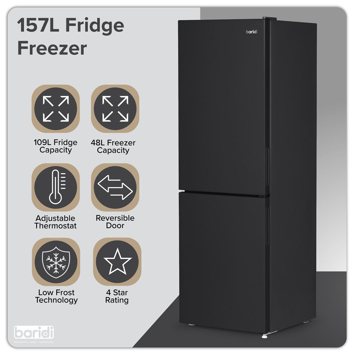 Baridi 47cm 70/30 Fridge Freezer, 157L Capacity Low Frost  White Rose Tools